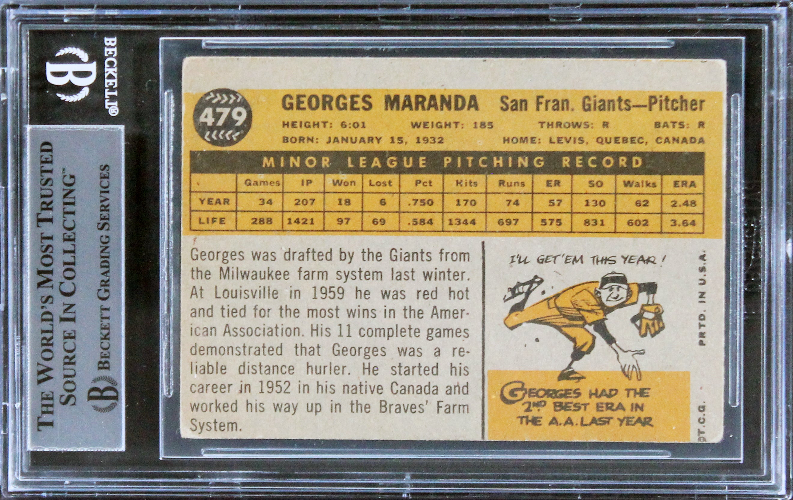 Giants Georges Maranda Authentic Signed 1960 Topps #479 Card BAS Slabbed