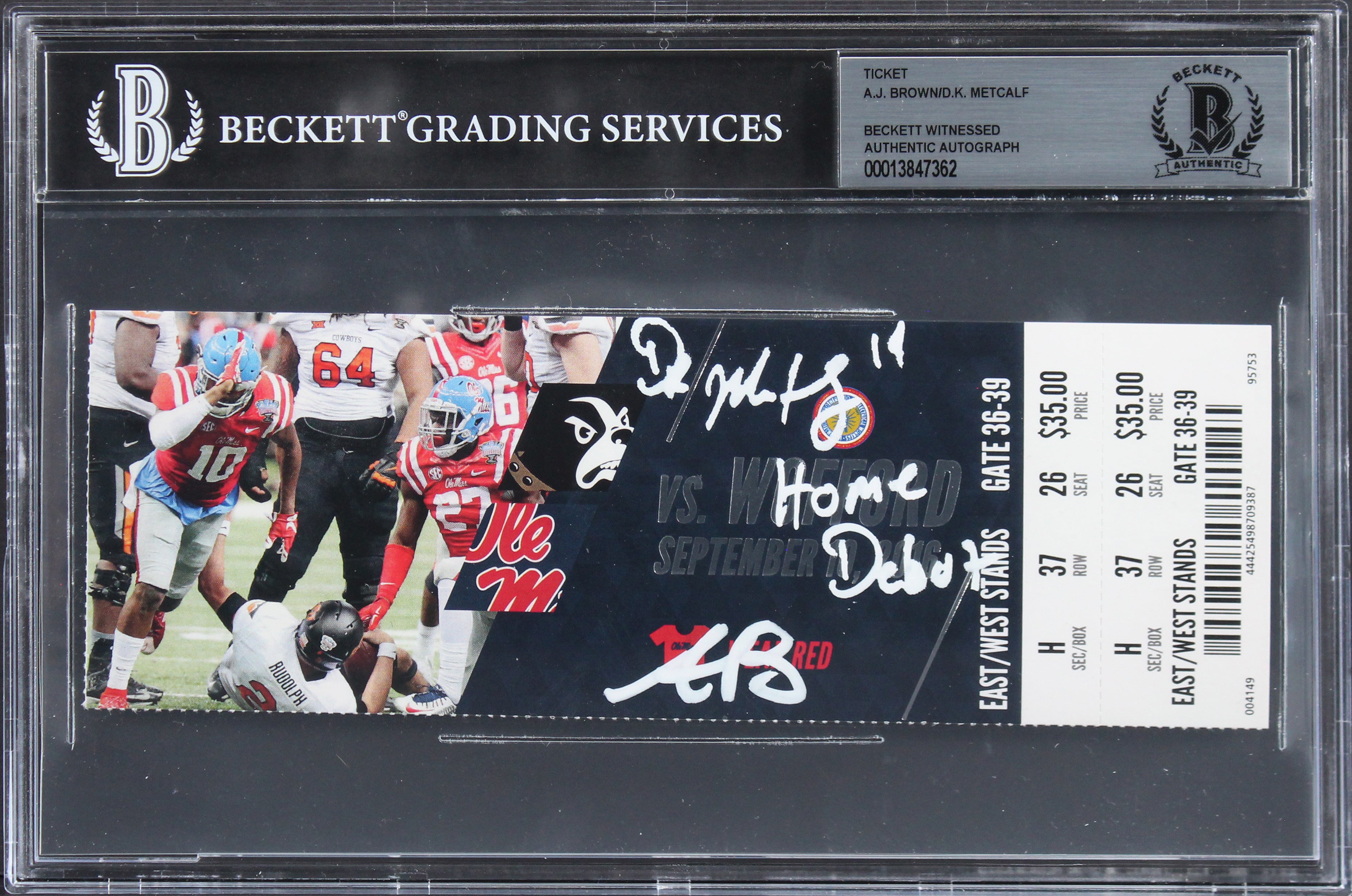 Ole Miss A.J. Brown & D.K. Metcalf Home Debut  Signed 2016 Ticket Stub BAS Slab