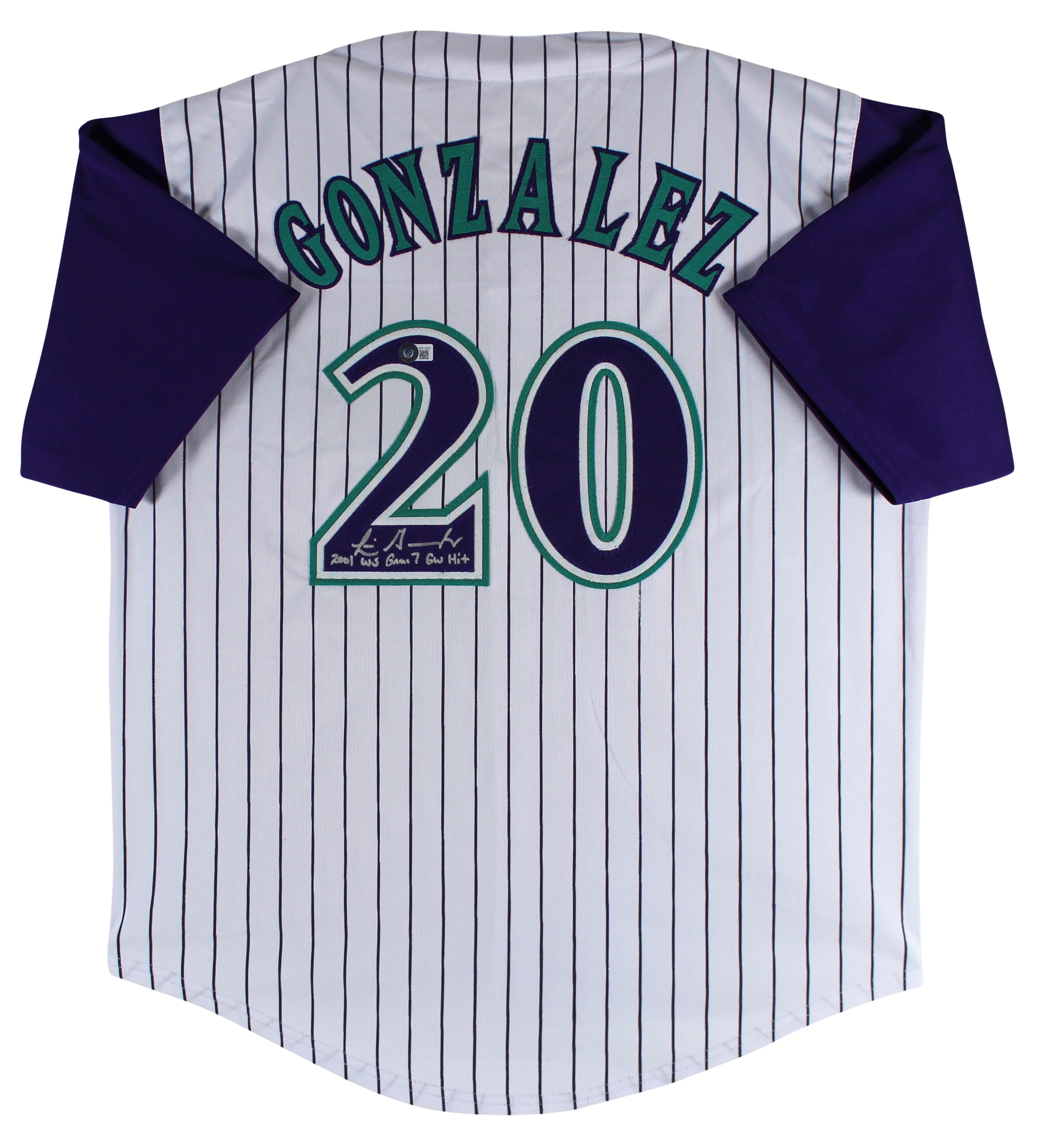 Luis Gonzalez "2001 WS G7 GW Hit" Signed White Pinstripe Jersey BAS Witnessed