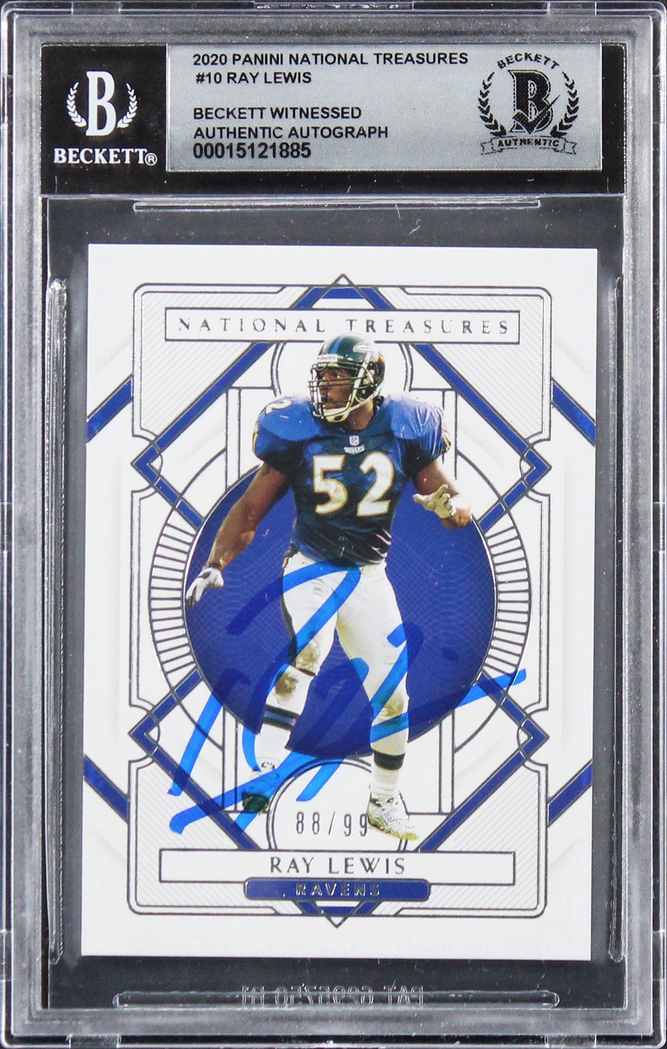 Ravens Ray Lewis Signed 2020 National Treasures #10 88/99 Card Auto 10! BAS Slab