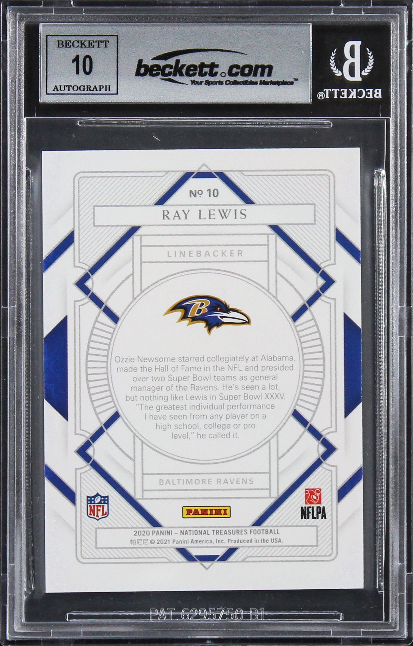 Ravens Ray Lewis Signed 2020 National Treasures #10 88/99 Card Auto 10! BAS Slab