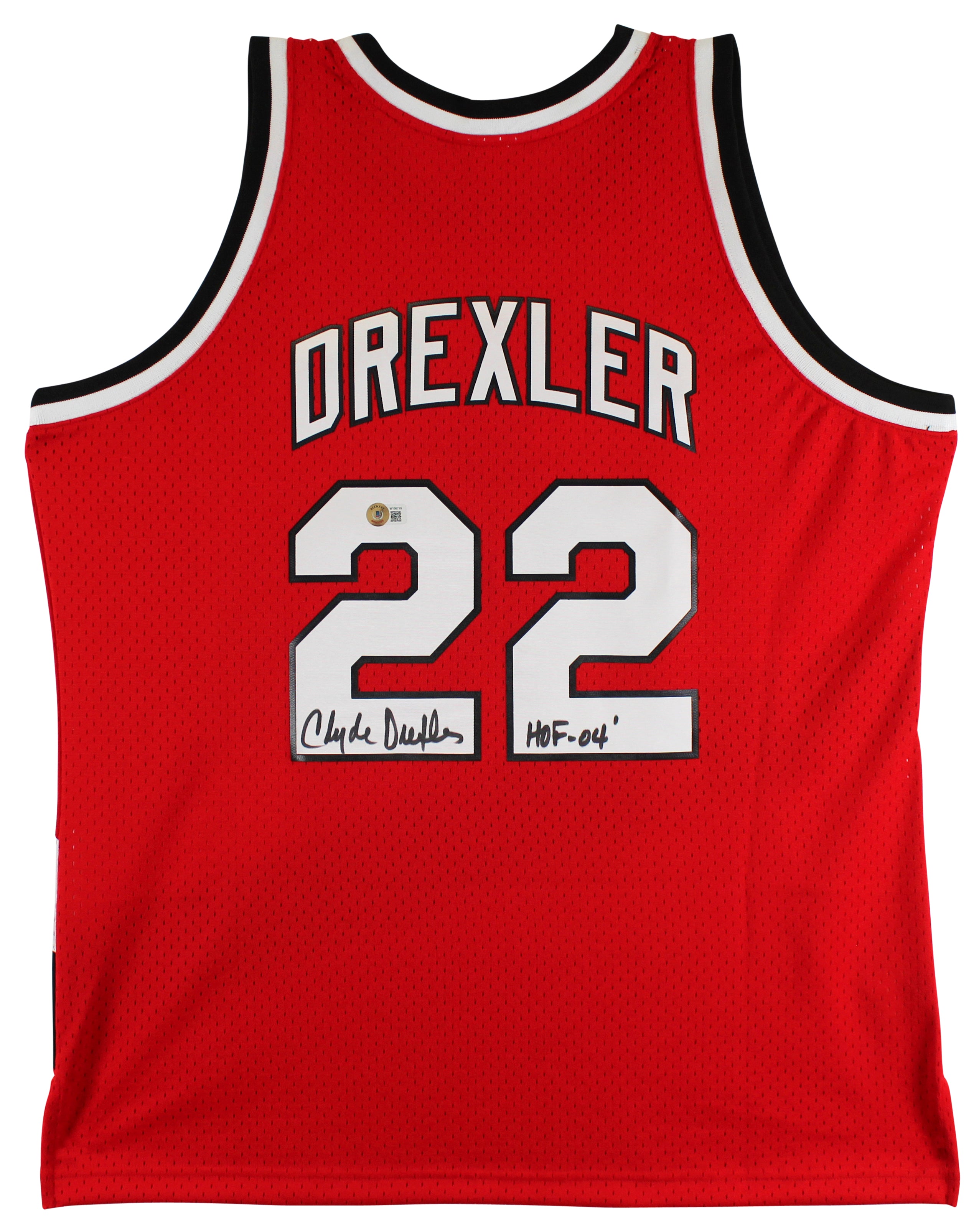 Blazers Clyde Drexler "HOF 04" Signed Red Mitchell & Ness Jersey BAS Witnessed