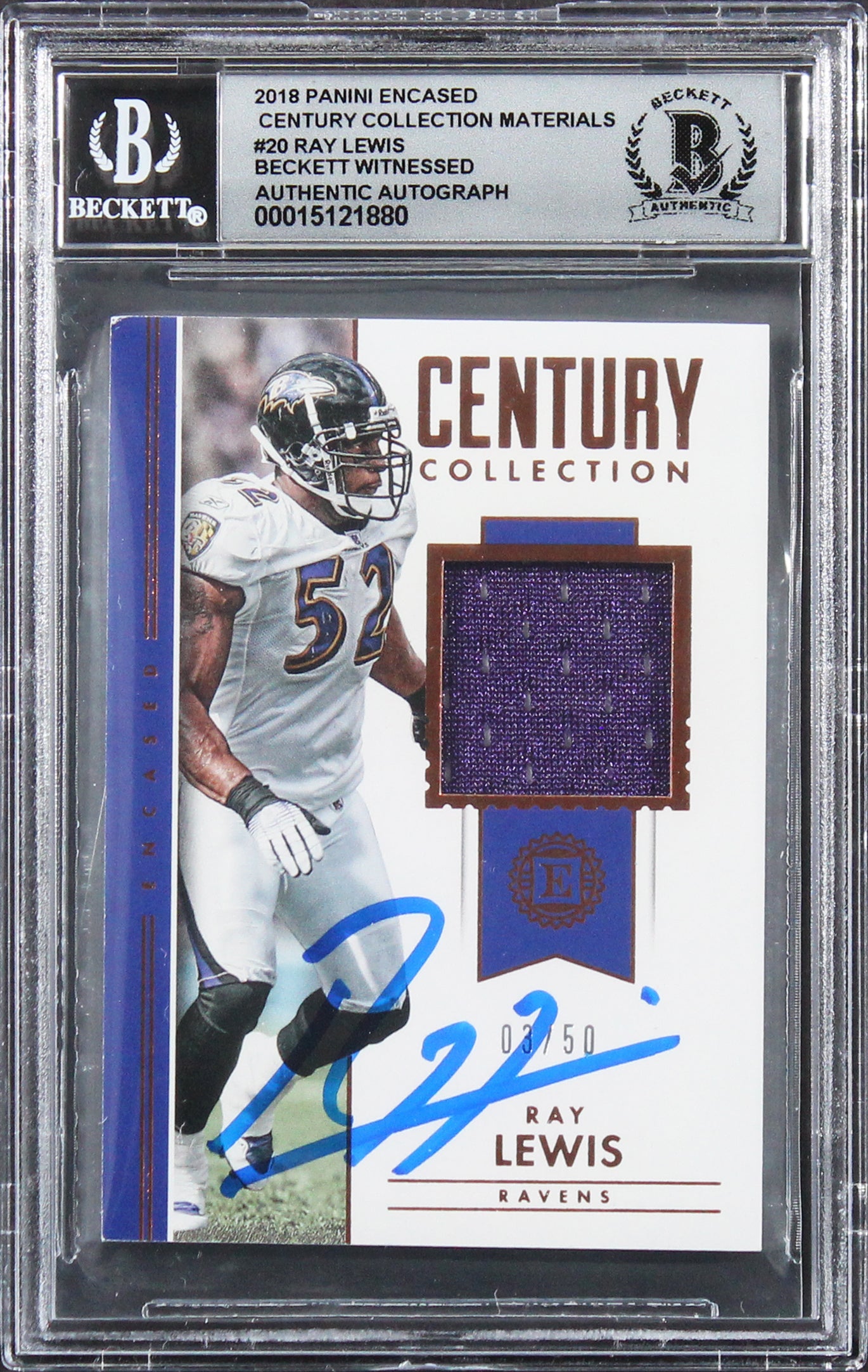 Ravens Ray Lewis Signed 2018 Panini Encase CCM #20 03/50 Card Auto 10! BAS Slab