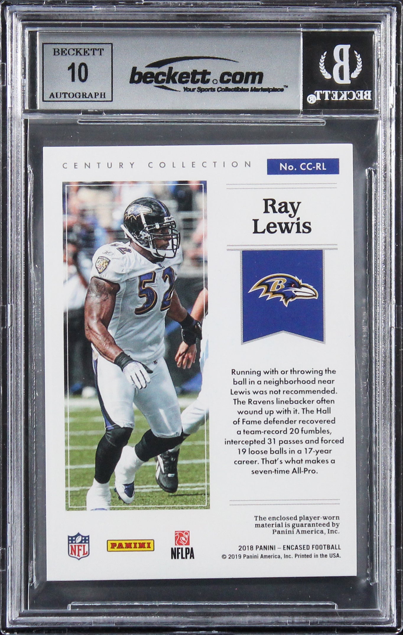 Ravens Ray Lewis Signed 2018 Panini Encase CCM #20 03/50 Card Auto 10! BAS Slab