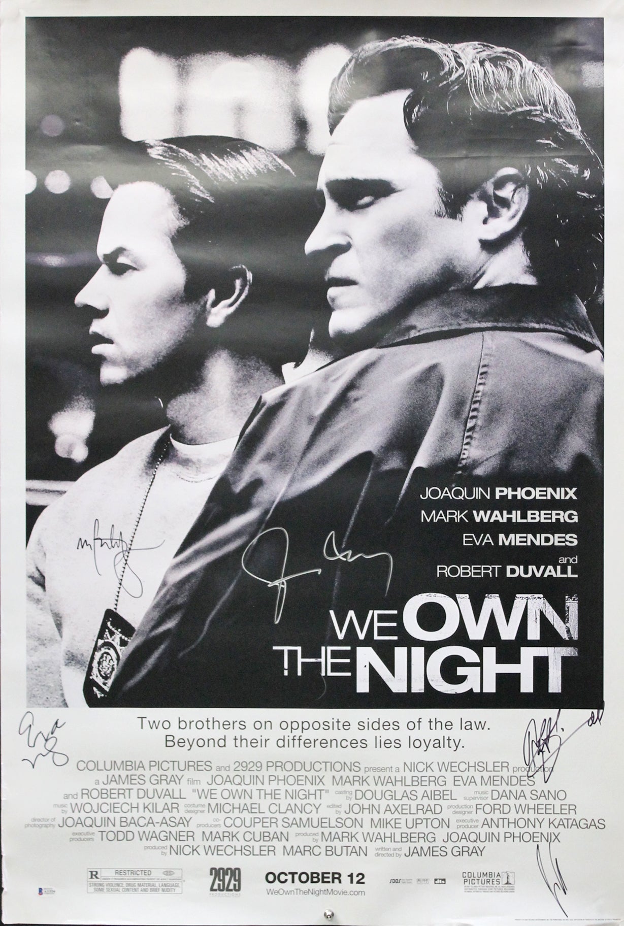 (5) Duvall, Wahlberg, Phoenix & Mendes Signed 27x40 We Own The Night Poster BAS