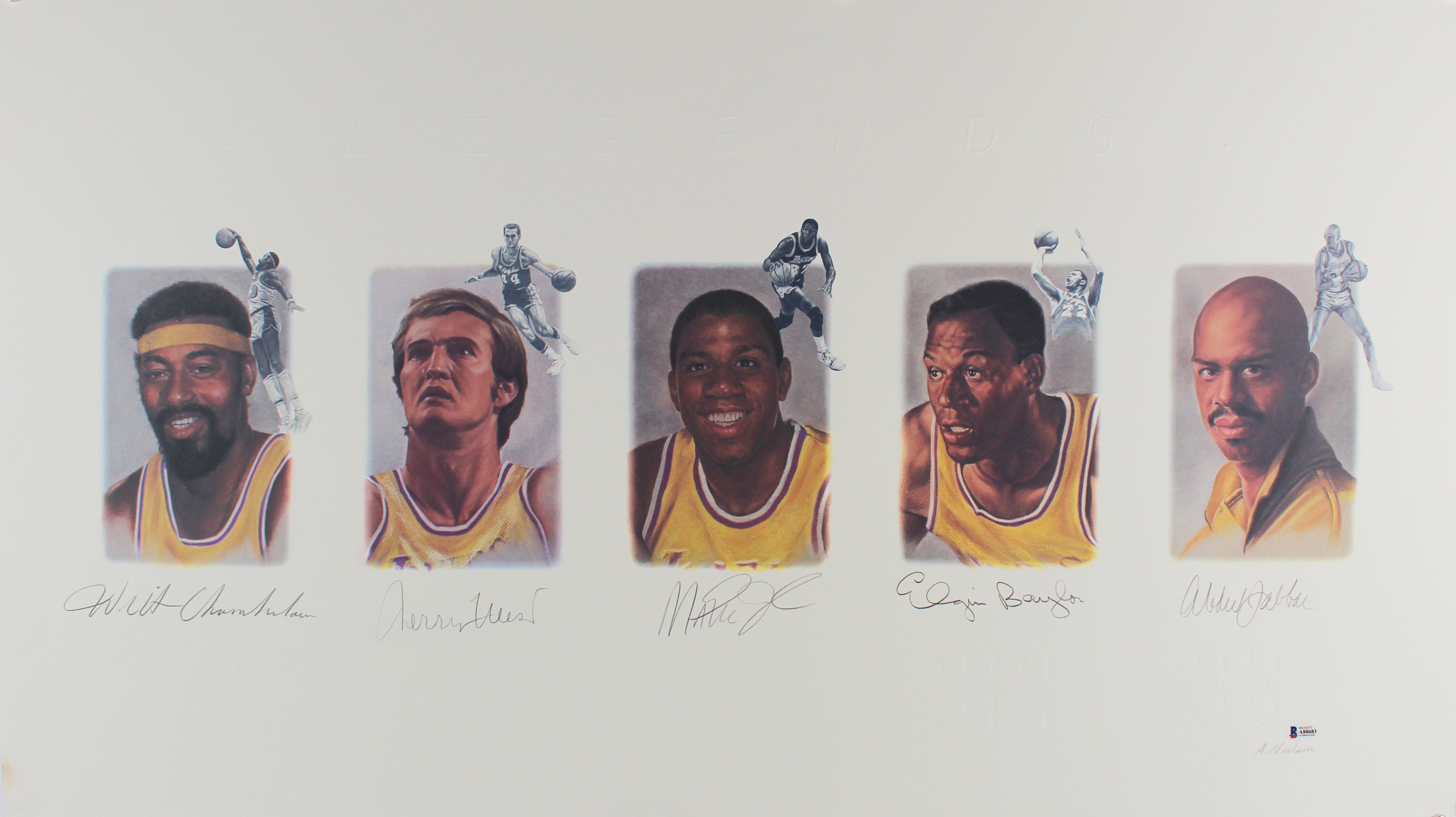 Lakers Legends (5) Chamberlain, Jabbar, Johnson Signed 22x39 Lithograph BAS