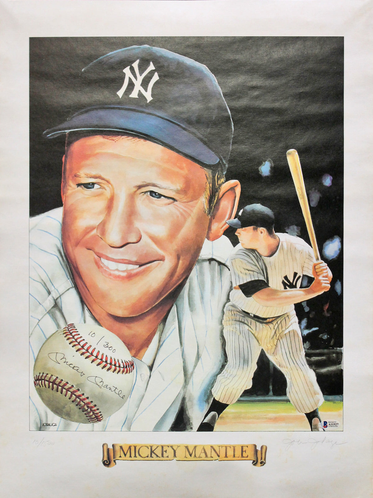 Yankees Mickey Mantle Signed 18x24 LE #10/300 Jodauga Lithograph PSA #A11527