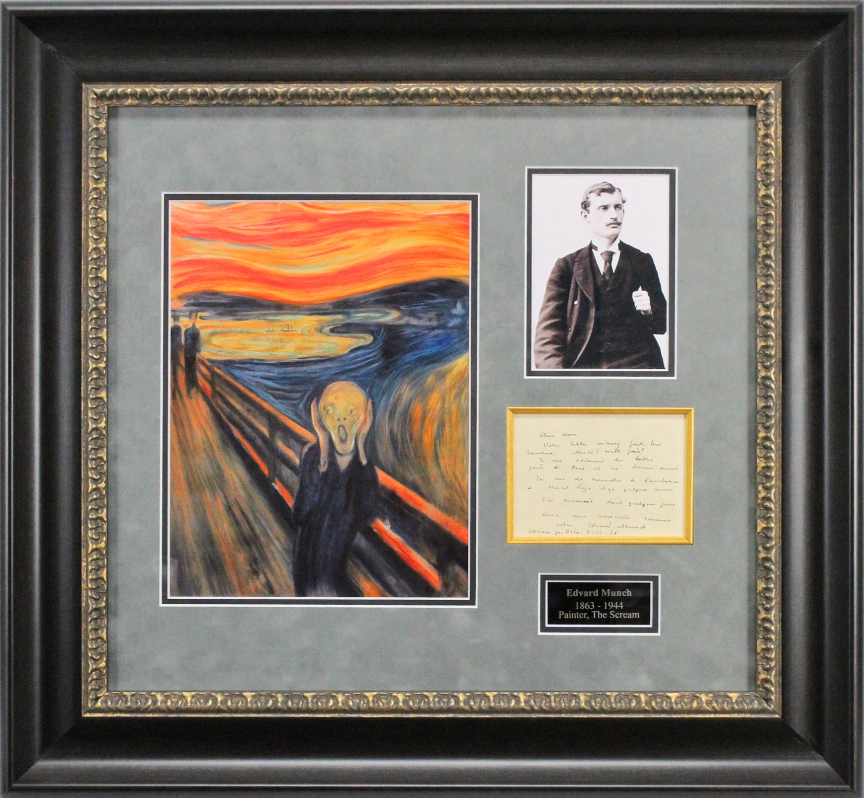 Edvard Munch Authentic Signed & Framed 4x5.5 Letter The Scream Display BAS