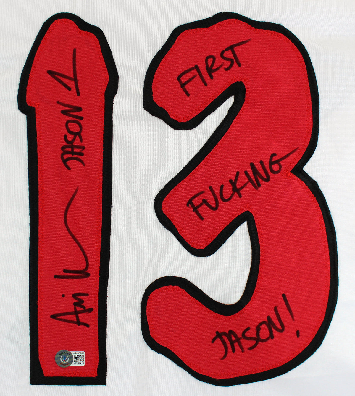 Ari Lehman "First F****** Jason" Signed White Jason Voorhees Hockey Jersey BAS 2