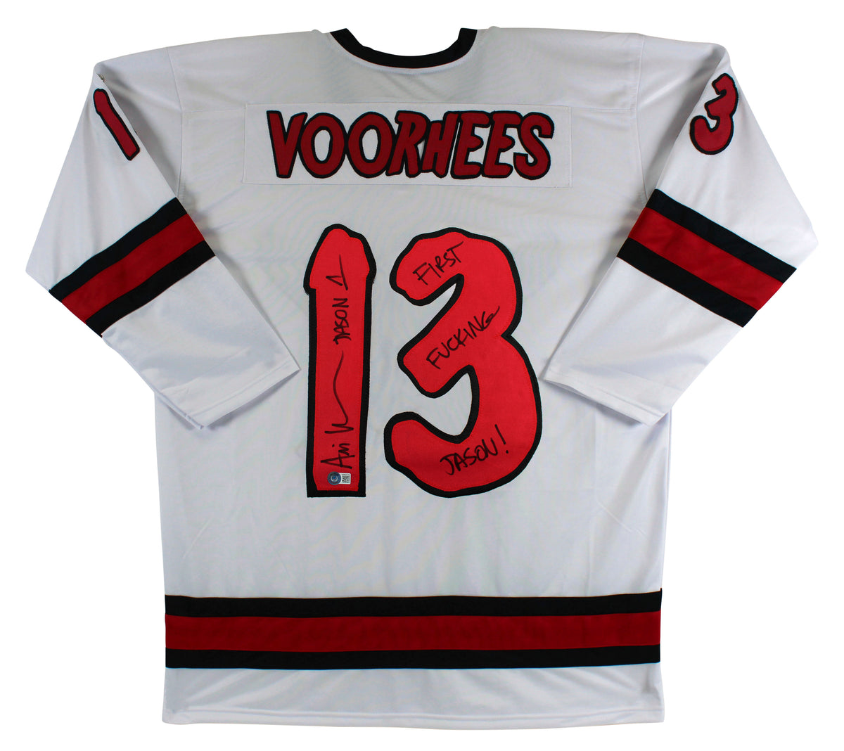 Ari Lehman "First F****** Jason" Signed White Jason Voorhees Hockey Jersey BAS 1