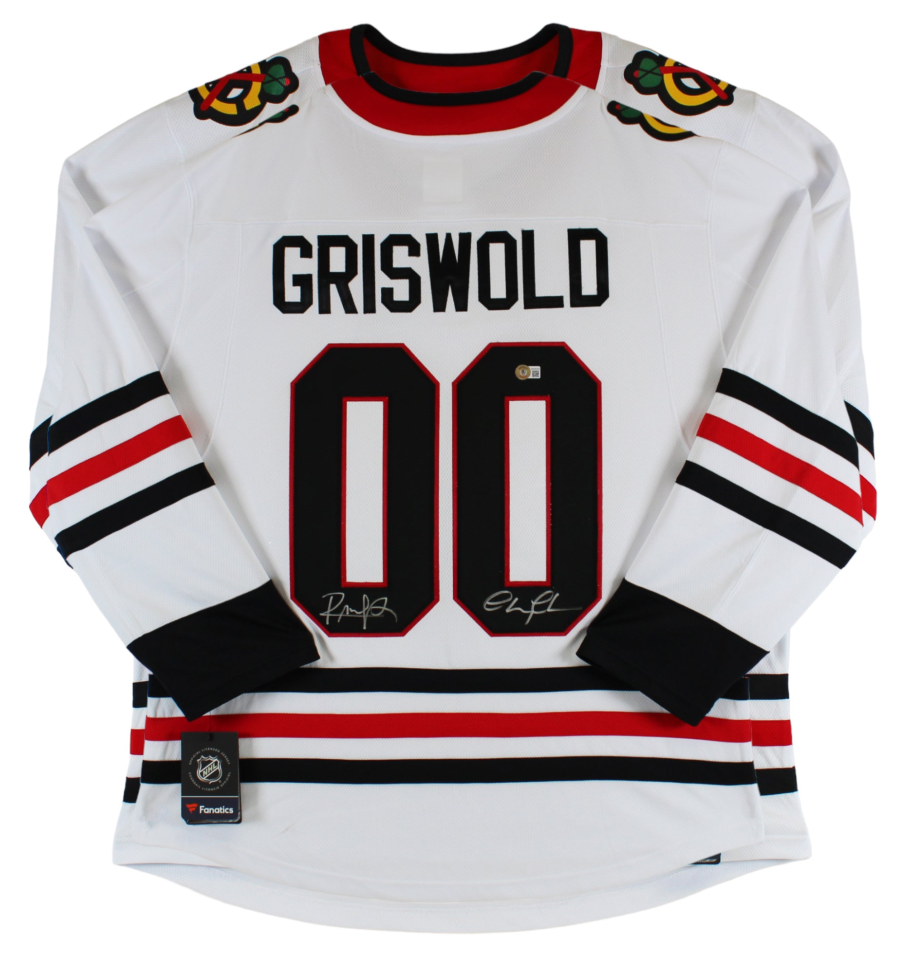 Chevy Chase & Randy Quaid Signed Fanatics Blackhawks White Jersey BAS Witnessed