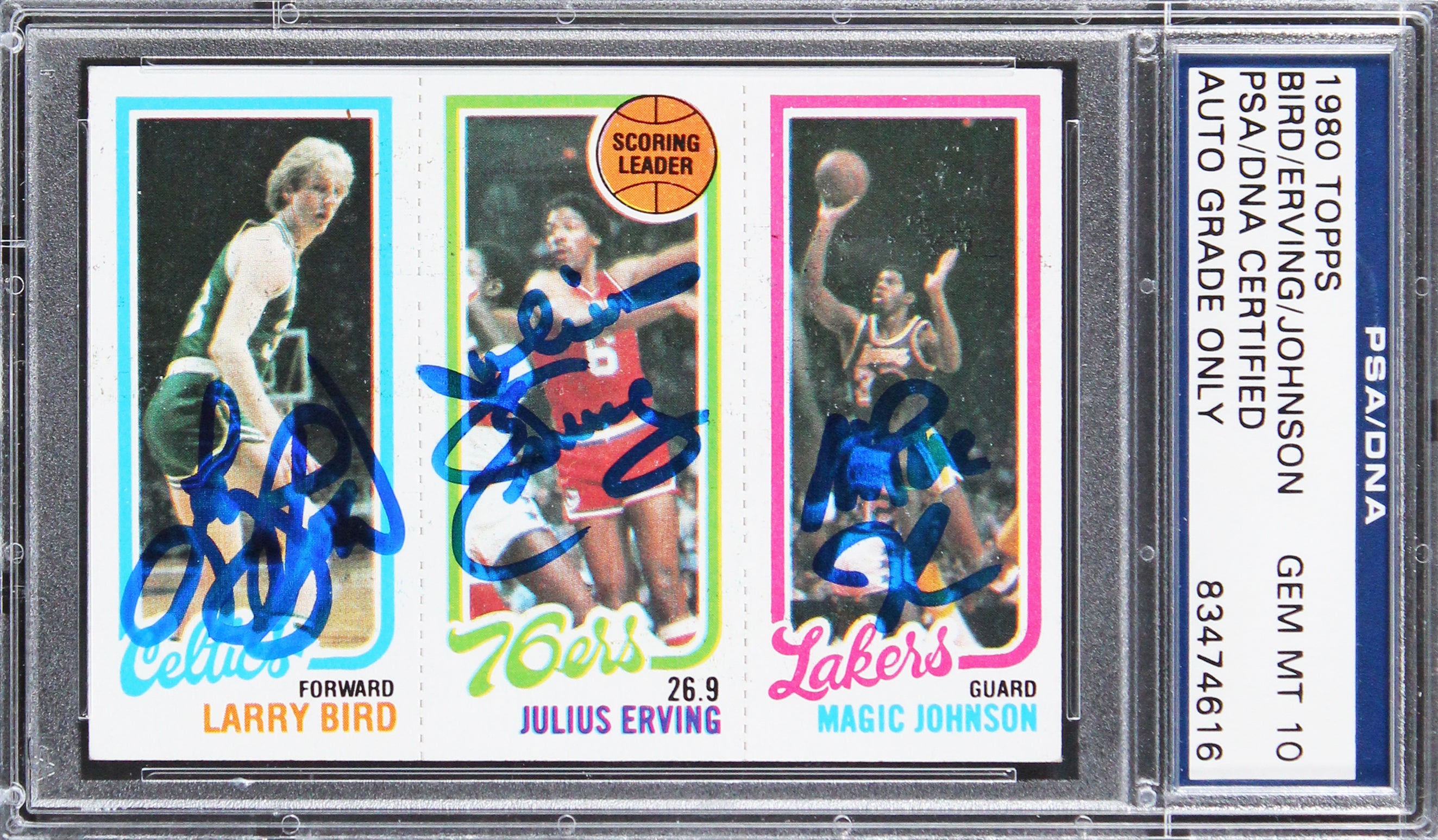 Bird, Erving & Magic Signed 1980 Topps Rookie Card Autos Graded 10! PSA Slabbed
