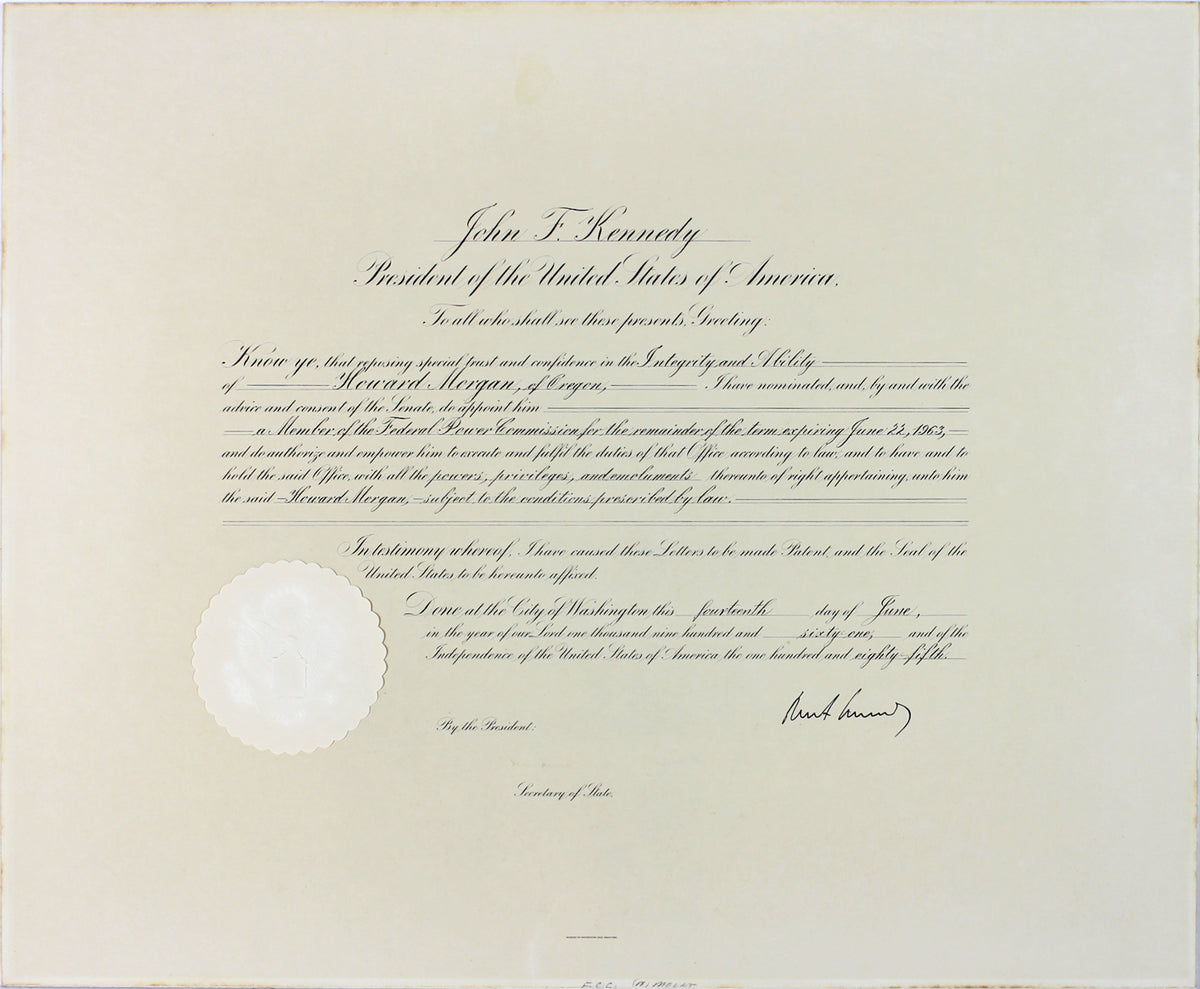 John F. Kennedy Signed 19x23 Federal Power Commission Document BAS #A72306