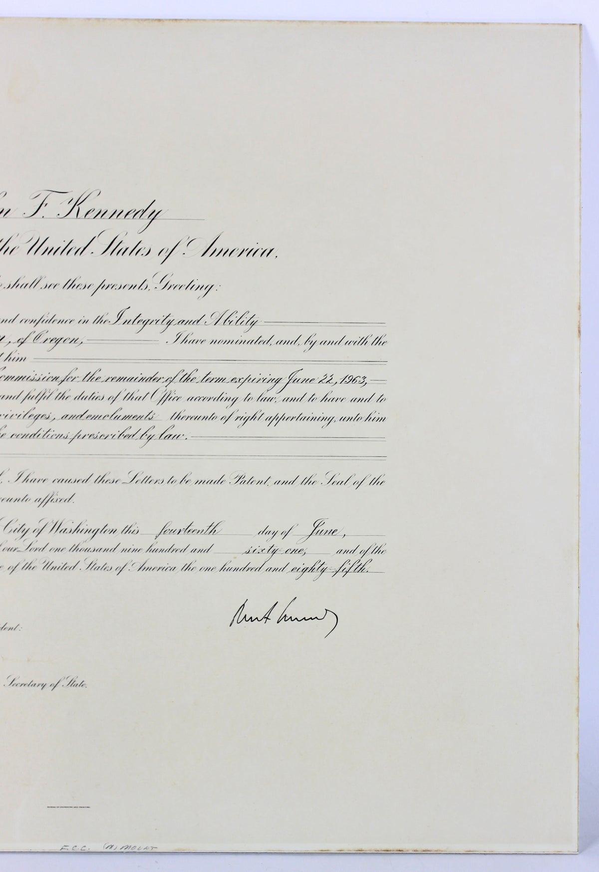 John F. Kennedy Signed 19x23 Federal Power Commission Document BAS #A72306
