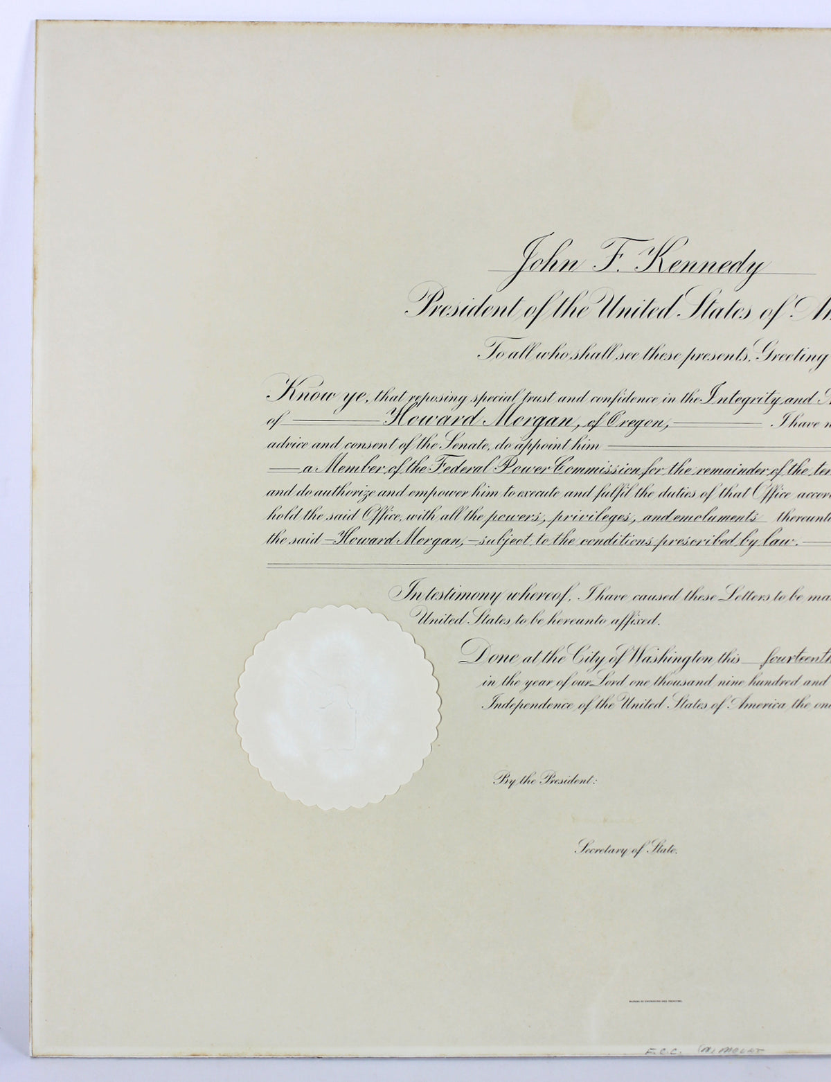 John F. Kennedy Signed 19x23 Federal Power Commission Document BAS #A72306