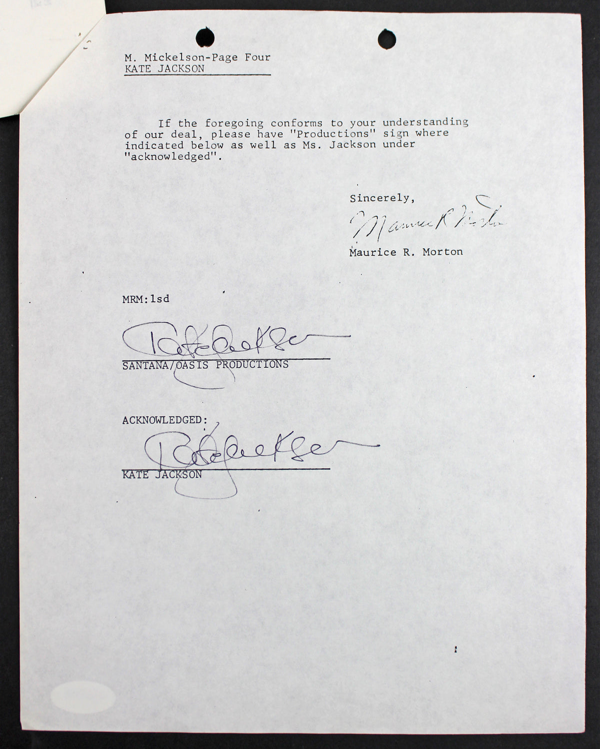 Kate Jackson Charlie's Angels 2x Signed April 28, 1978 4 Page Contract PSA