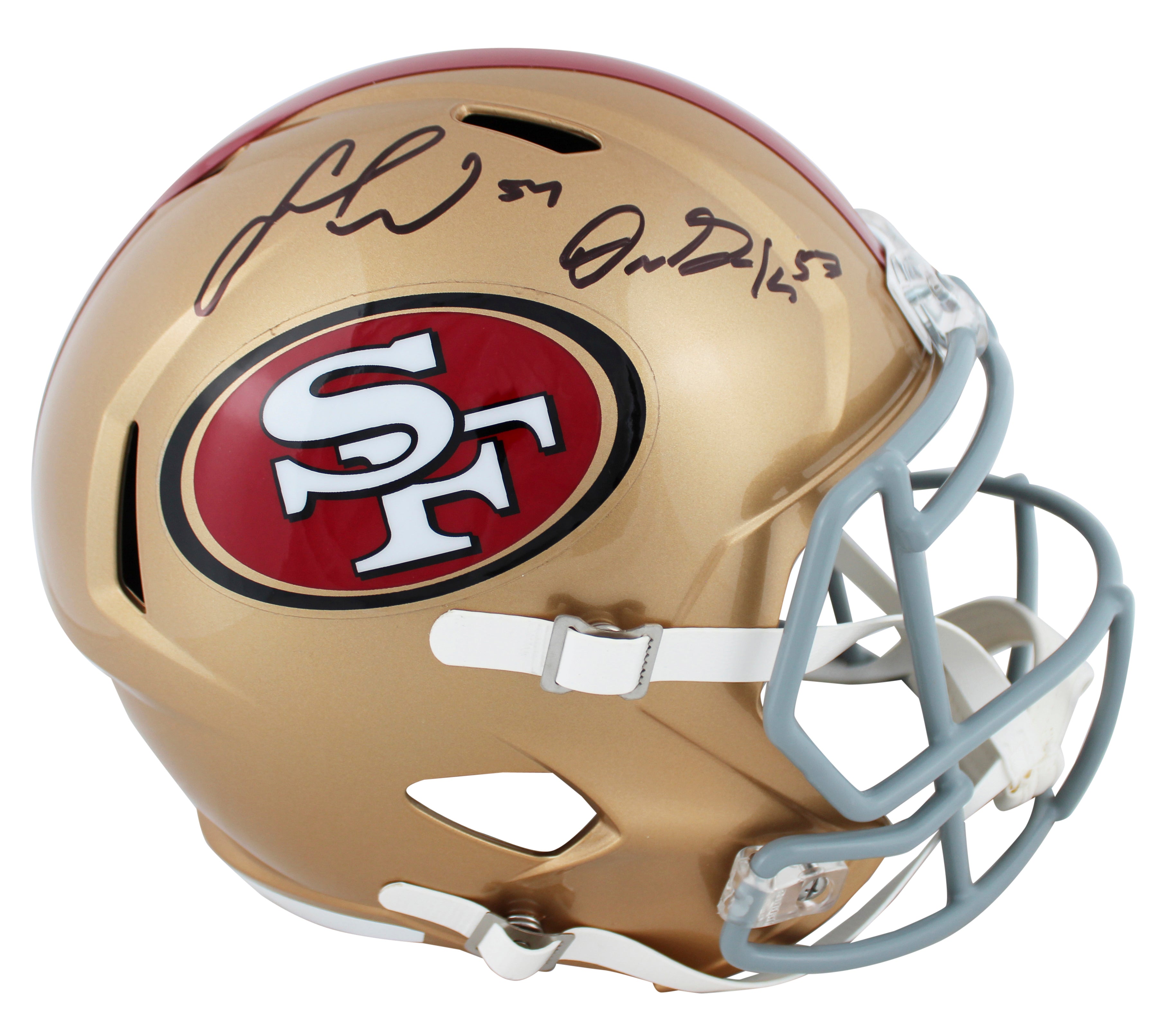 49ers Fred Warner & Dre Greenlaw Signed Full Size Speed Rep Helmet BAS