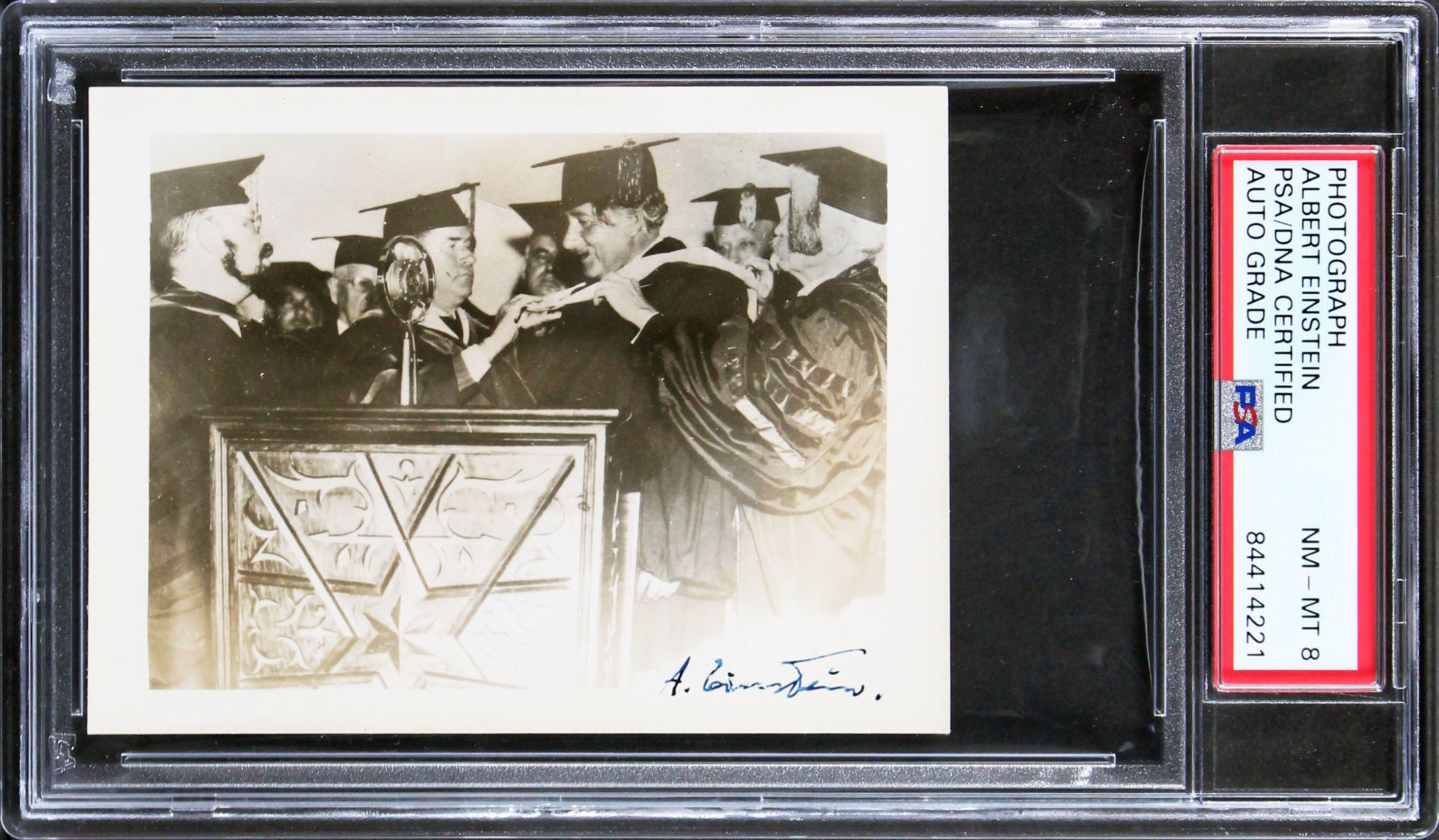 Albert Einstein Authentic Signed 3.25x4.25 Photo Auto Graded NM-MT 8 PSA Slabbed