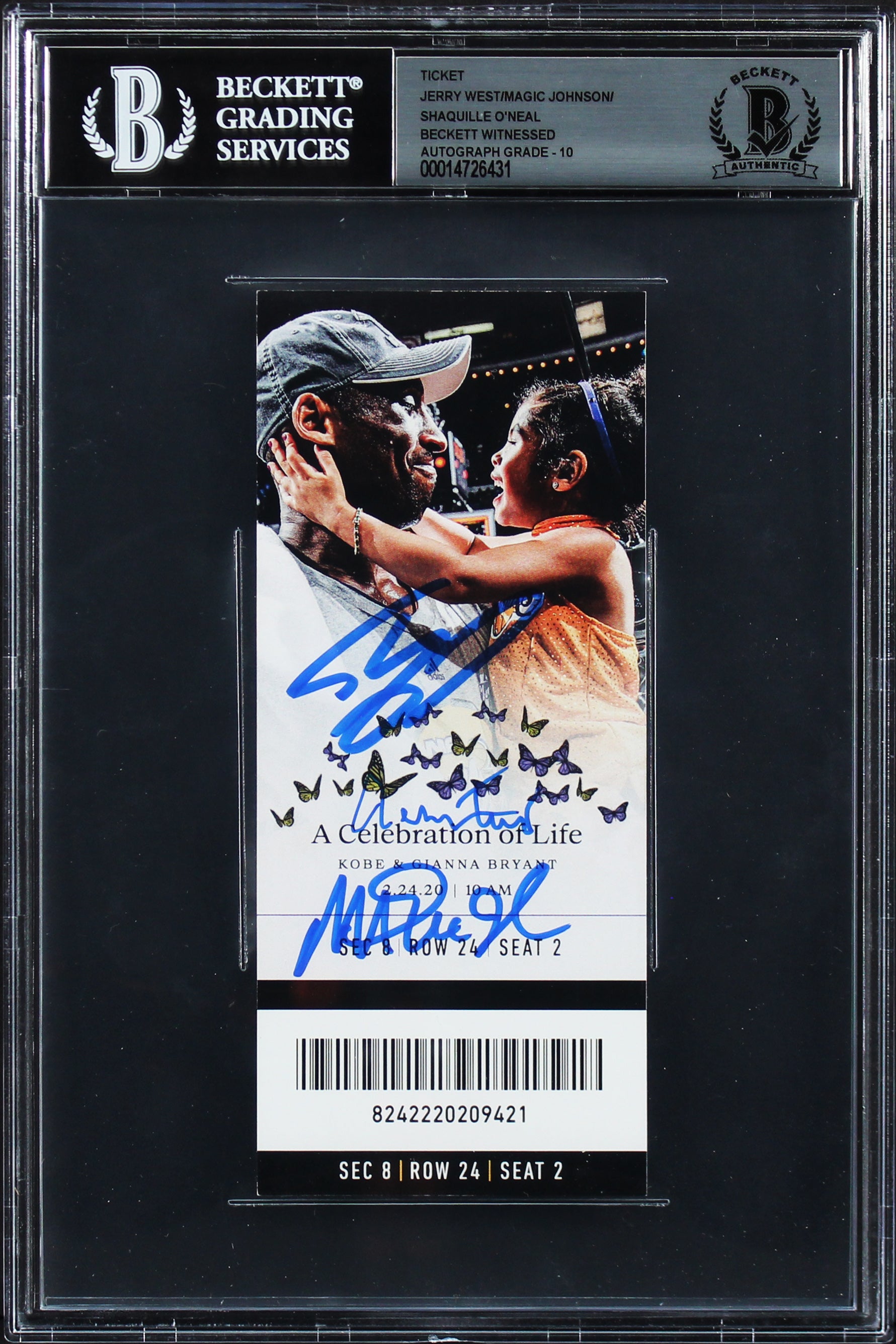 (3) Magic, Shaquille & West Signed Kobe Bryant COL Ticket Stub Auto 10! BAS Slab