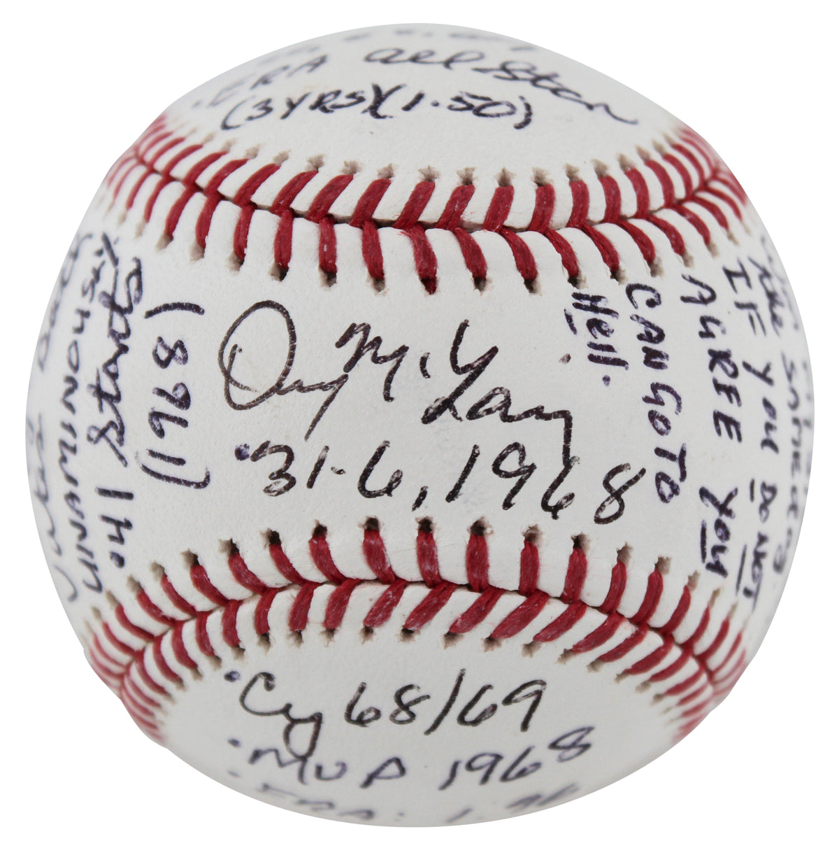Tigers Denny McLain "Career Stat' Mantle Story Signed Oml Baseball PSA #AE69876