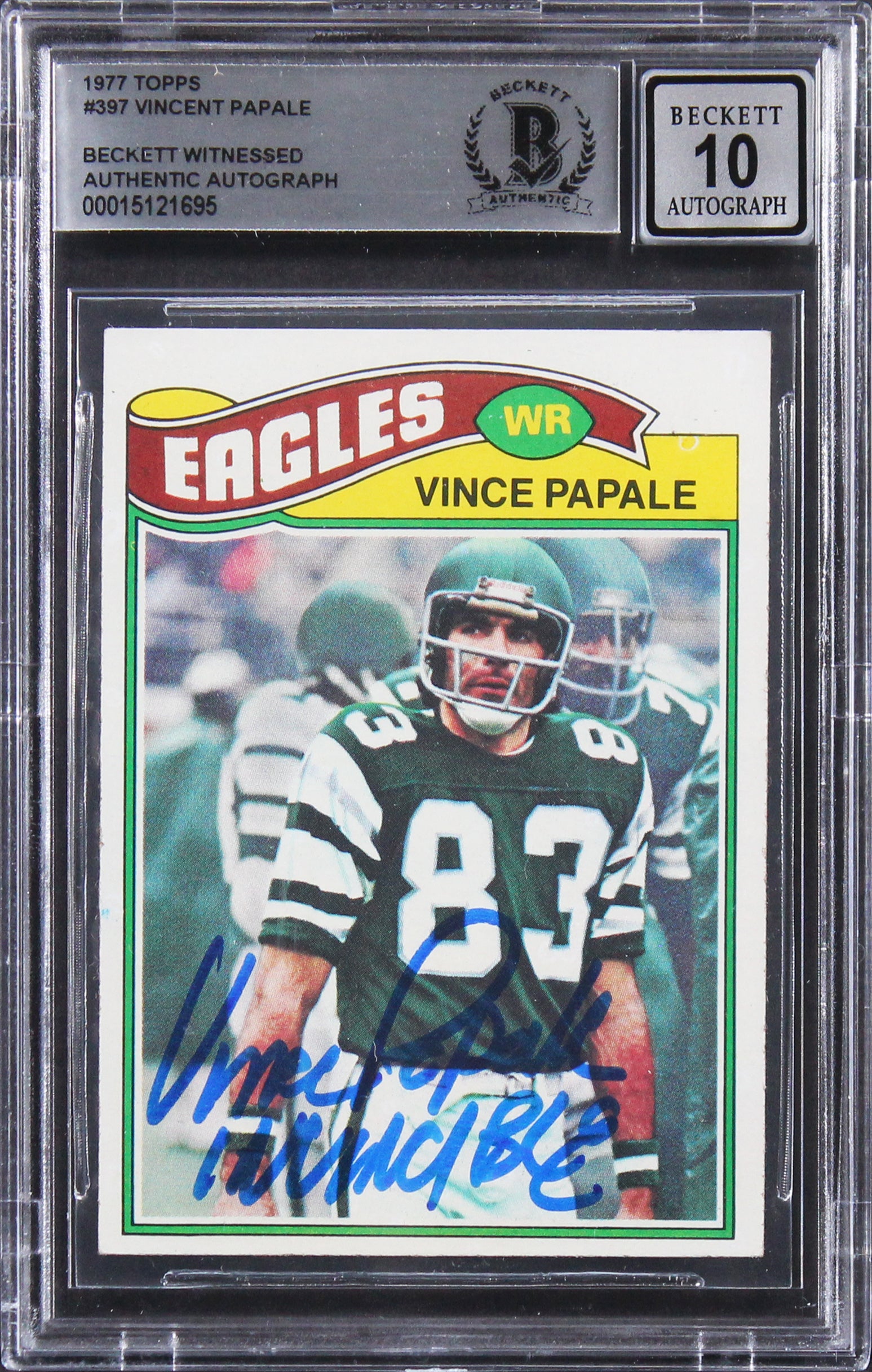 Eagles Vince Papale "Invincible" Signed 1977 Topps #397 RC Card Auto 10 BAS Slab