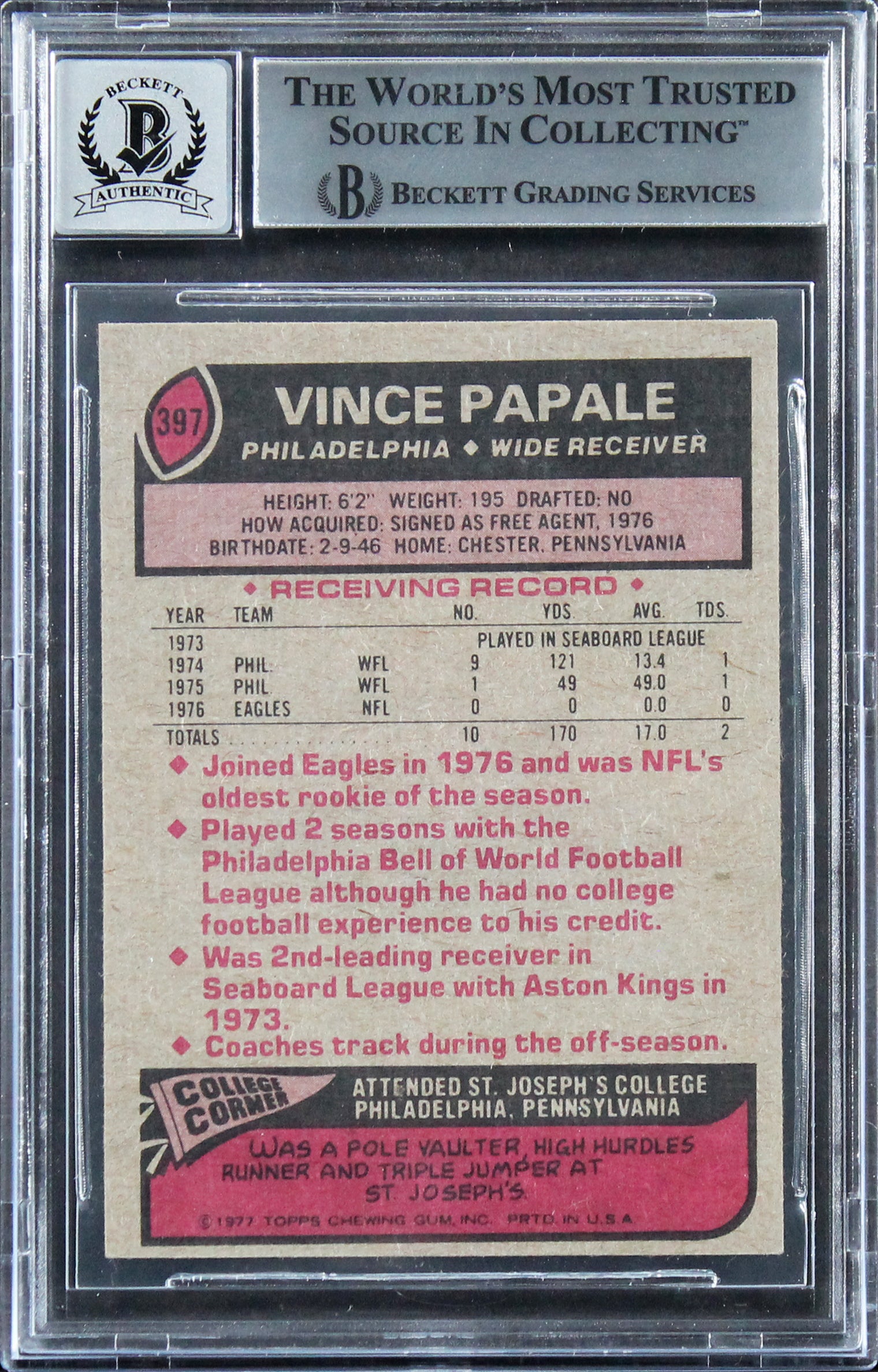 Eagles Vince Papale "Invincible" Signed 1977 Topps #397 RC Card Auto 10 BAS Slab