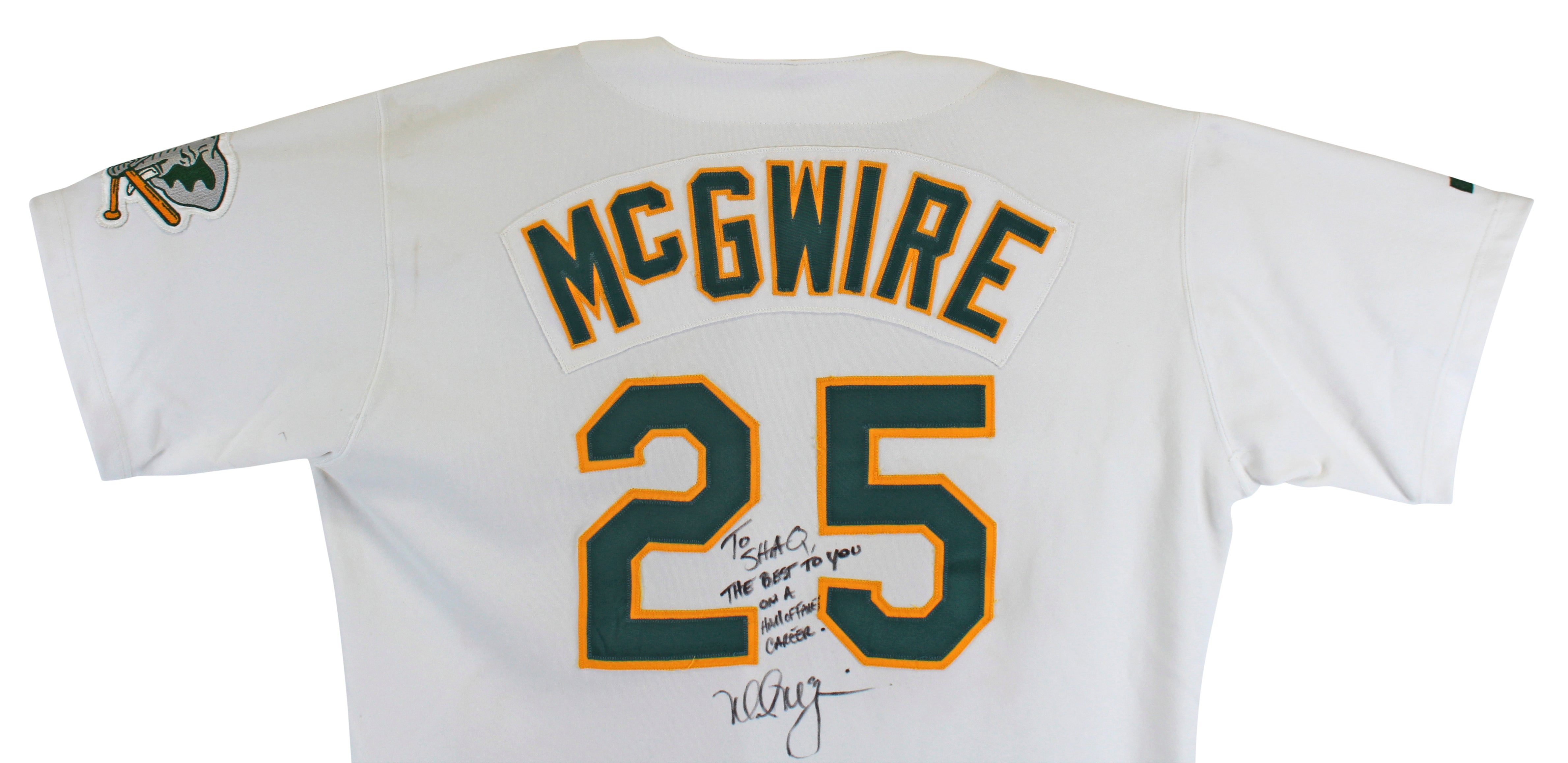 A's Mark McGwire "To Shaq" Signed Game Used White Russell Athletic Jersey BAS