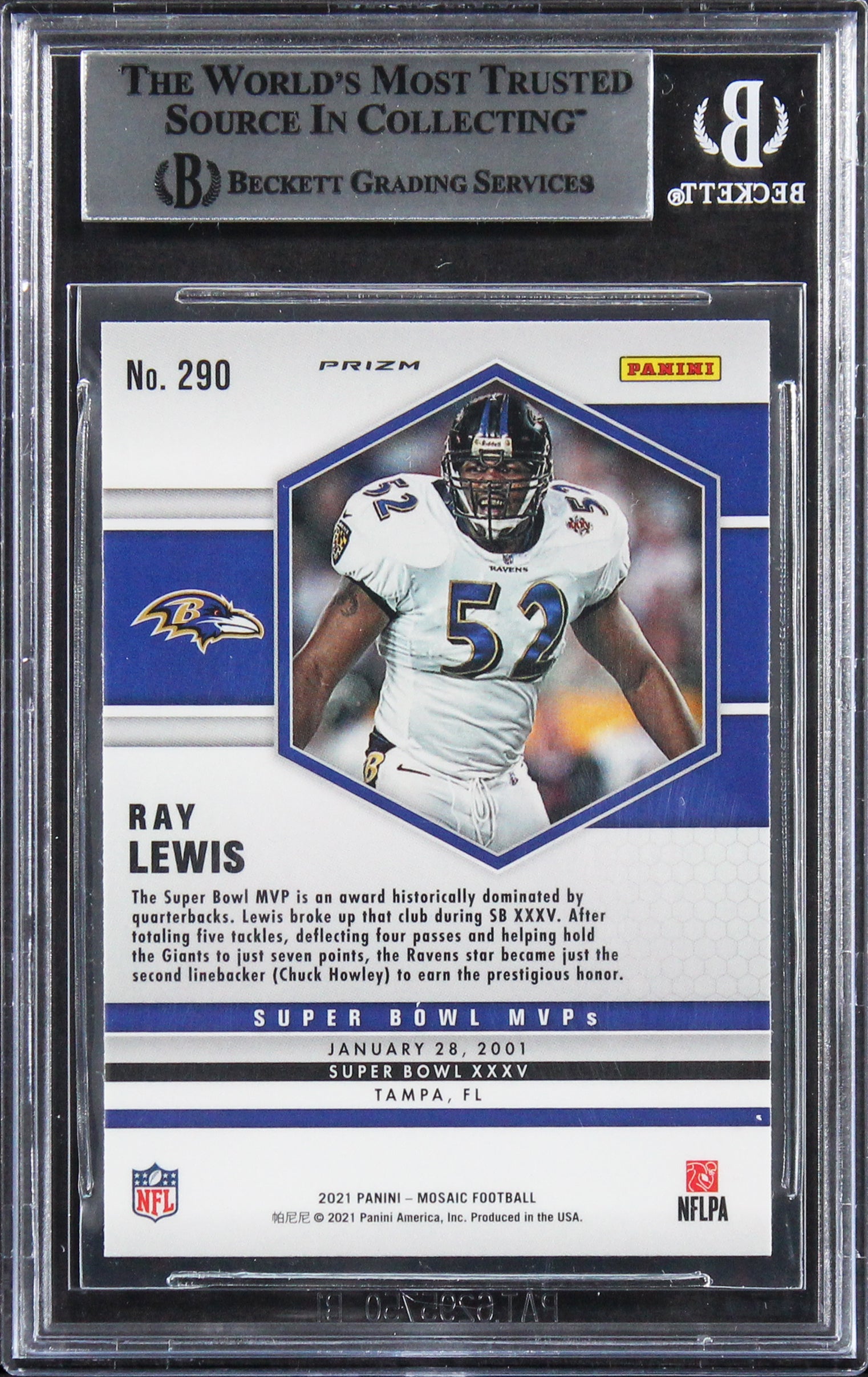 Ravens Ray Lewis Authentic Signed 2021 Panini Mosaic Silver #290 Card BAS Slab