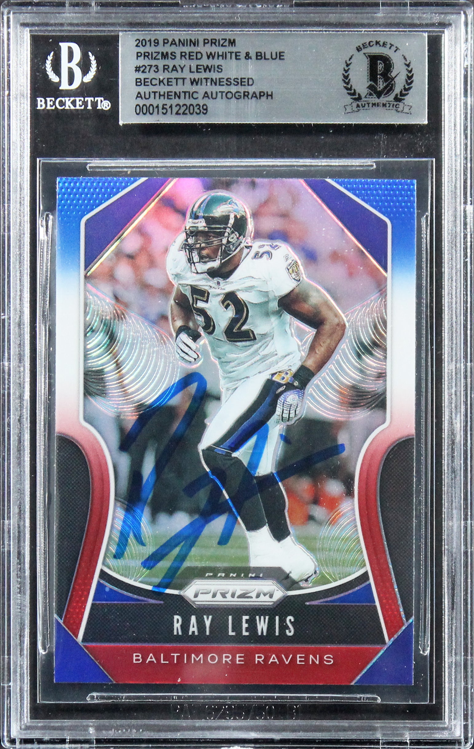 Ravens Ray Lewis Authentic Signed 2019 Panini Prizm RW&B #273 Card BAS Slabbed