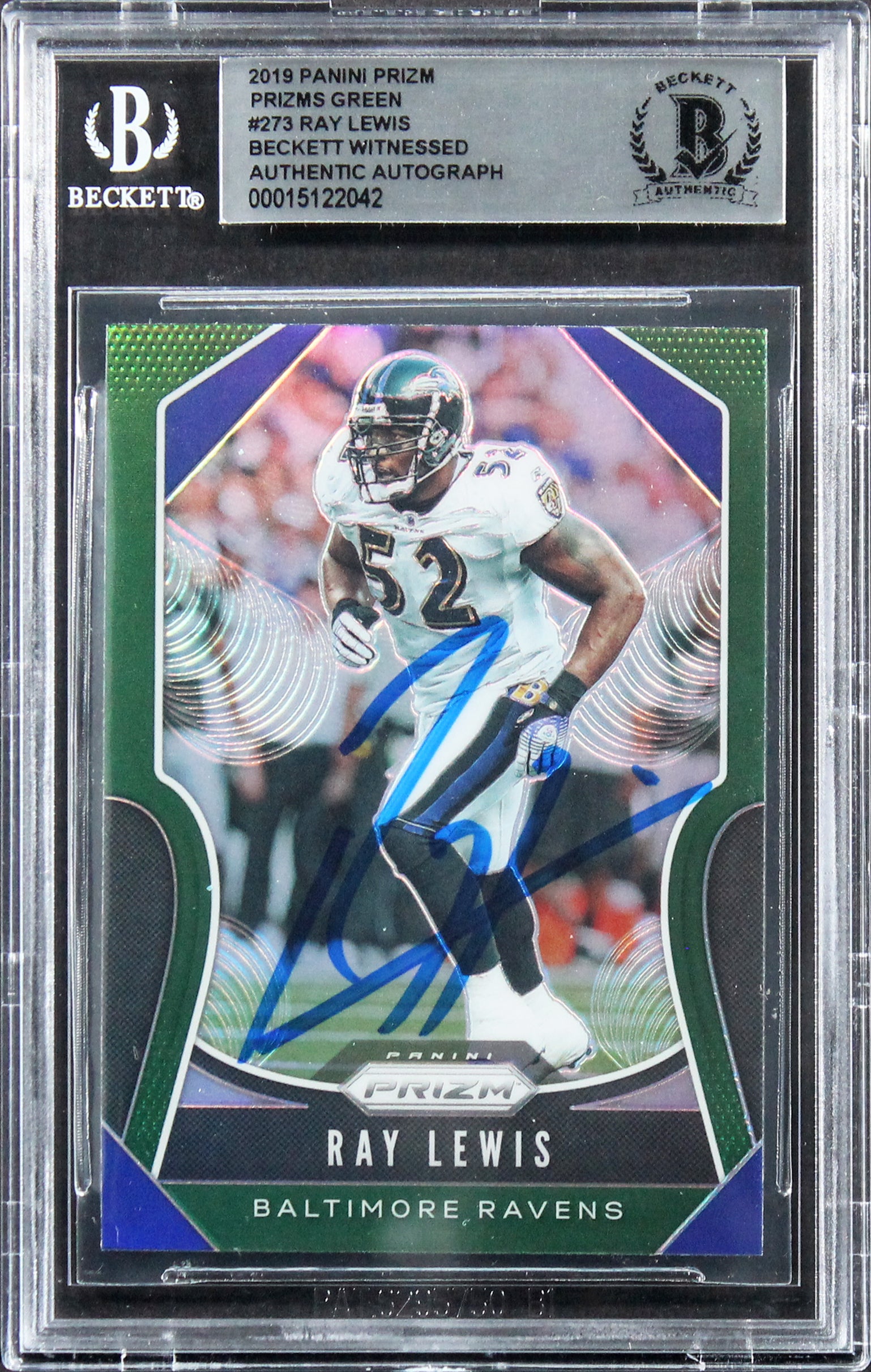 Ravens Ray Lewis Authentic Signed 2019 Panini Prizm Green #273 Card BAS Slabbed