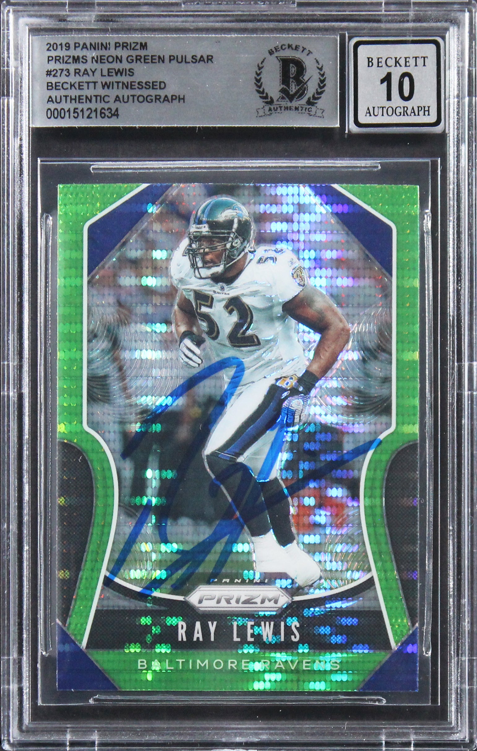 Ray Lewis Signed 2019 Panini Prizm Neon Green Pulsar #273 Card Auto 10  BAS Slab