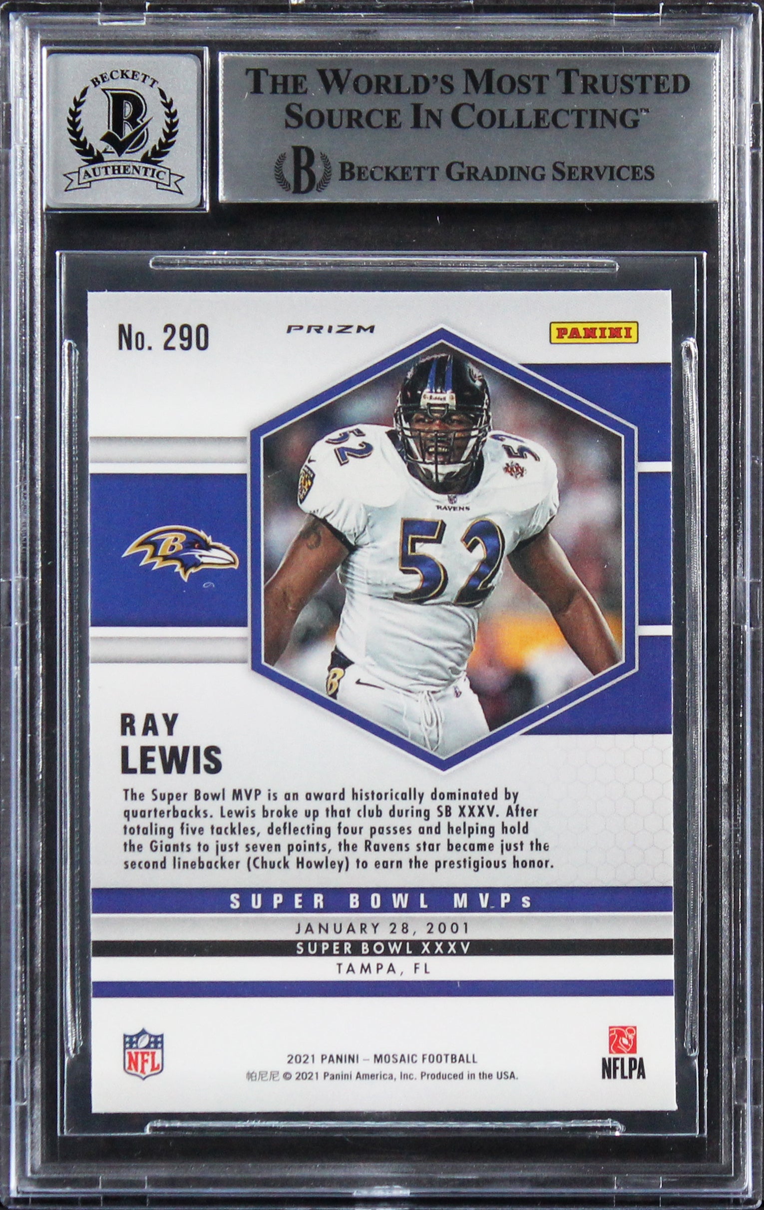 Ray Lewis  Signed 2021 Panini Mosaic Reactive Blue #290 Card Auto 10! BAS Slab
