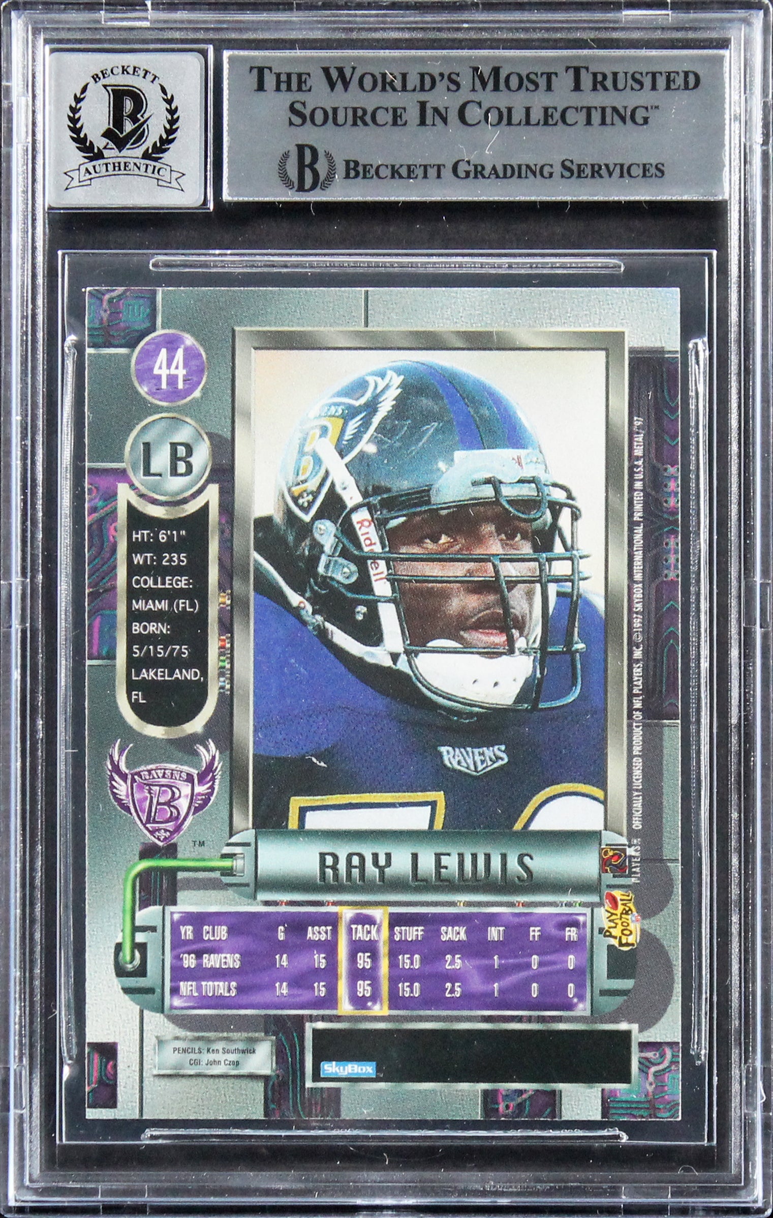 Ravens Ray Lewis Authentic Signed 1997 Metal Universe #44 Card Auto 10! BAS Slab