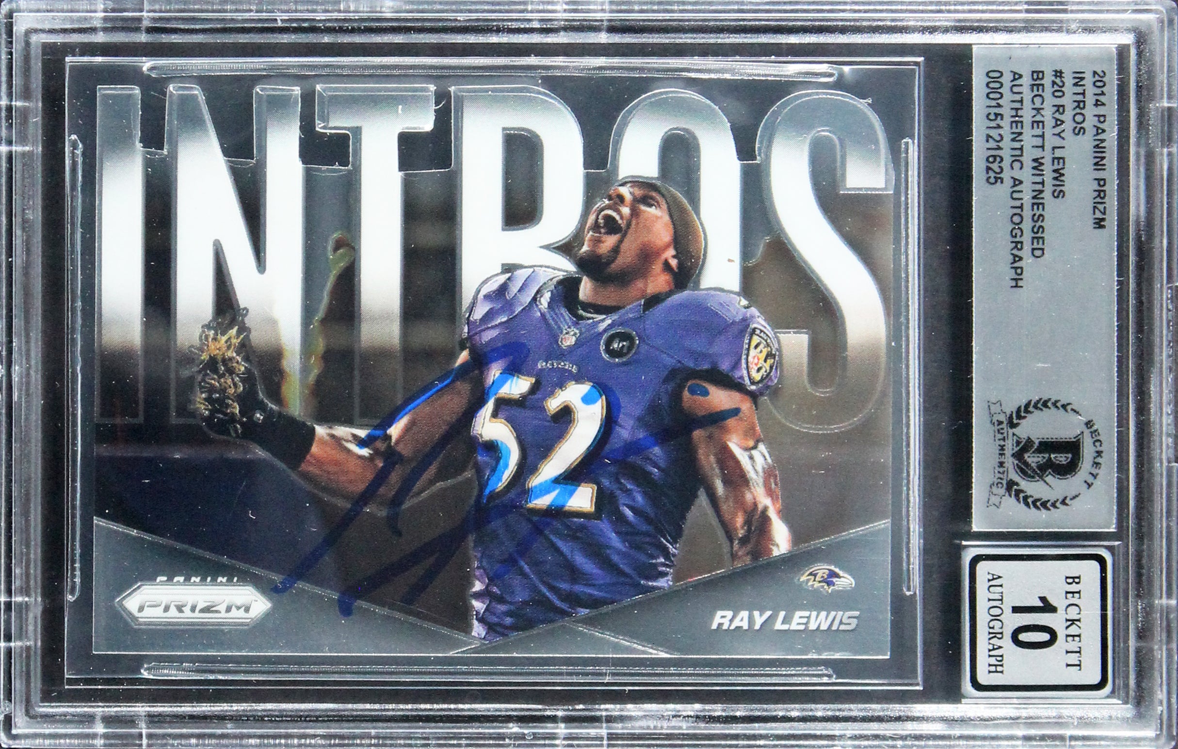 Ravens Ray Lewis Signed 2014 Panini Prizm Intros #20 Card Auto 10! BAS Slabbed