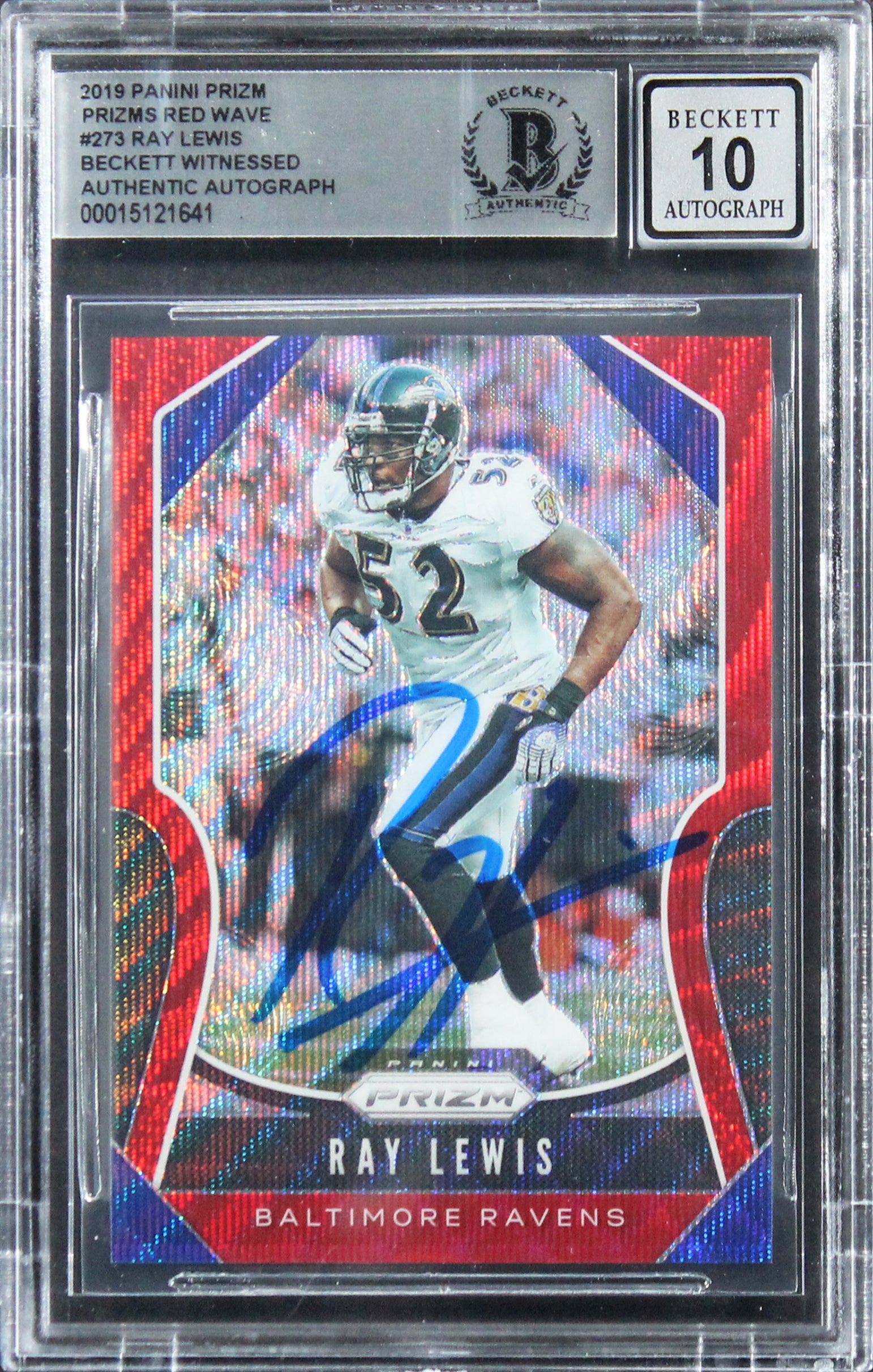 Ravens Ray Lewis Signed 2019 Panini Prizm Red Wave #273 Card Auto 10 BAS Slabbed