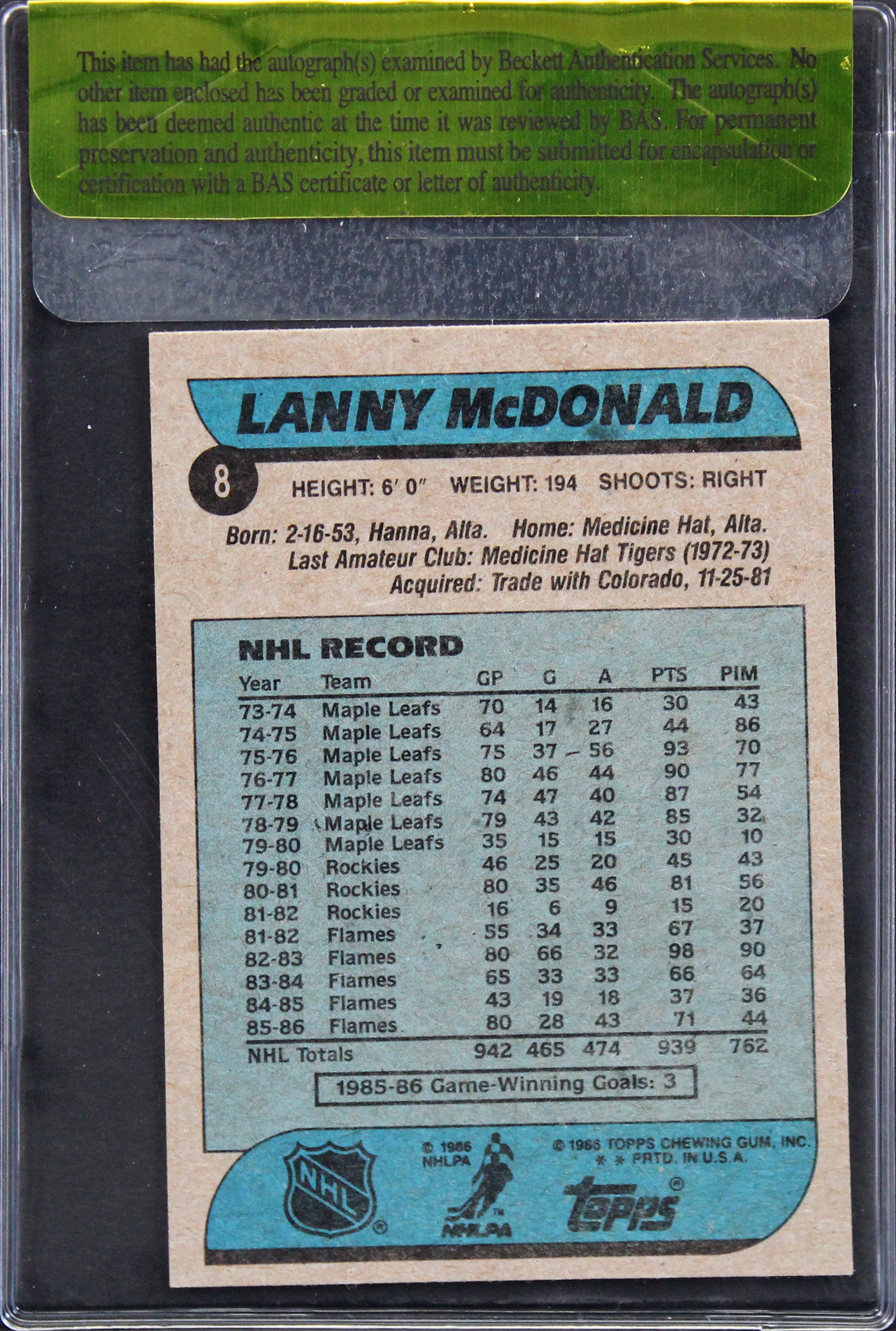 Flames Lanny McDonald Authentic Signed 1986 Topps #8 Card BAS #11368