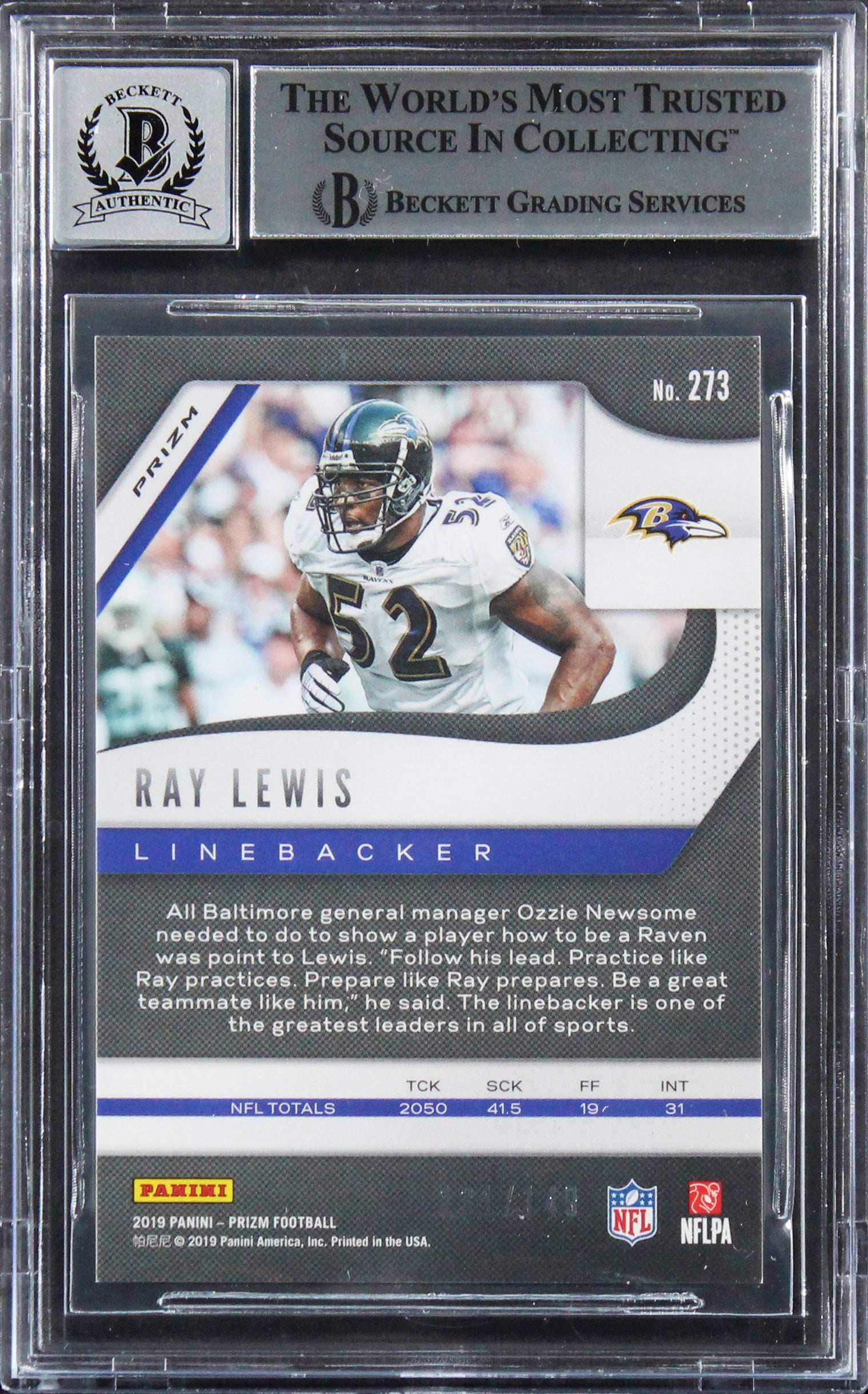 Ravens Ray Lewis Signed 2019 Panini Prizm Red Wave #273 Card Auto 10 BAS Slabbed