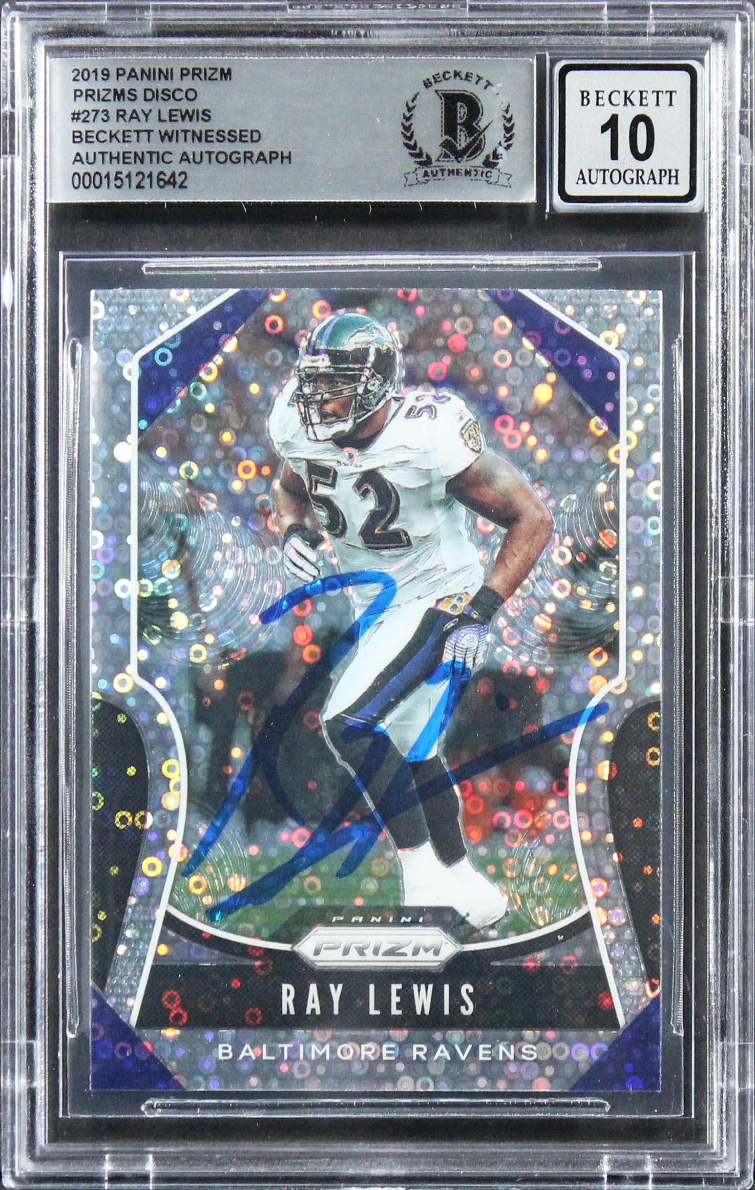 Ravens Ray Lewis Signed 2019 Panini Prizm Disco #273 Card Auto 10! BAS Slabbed