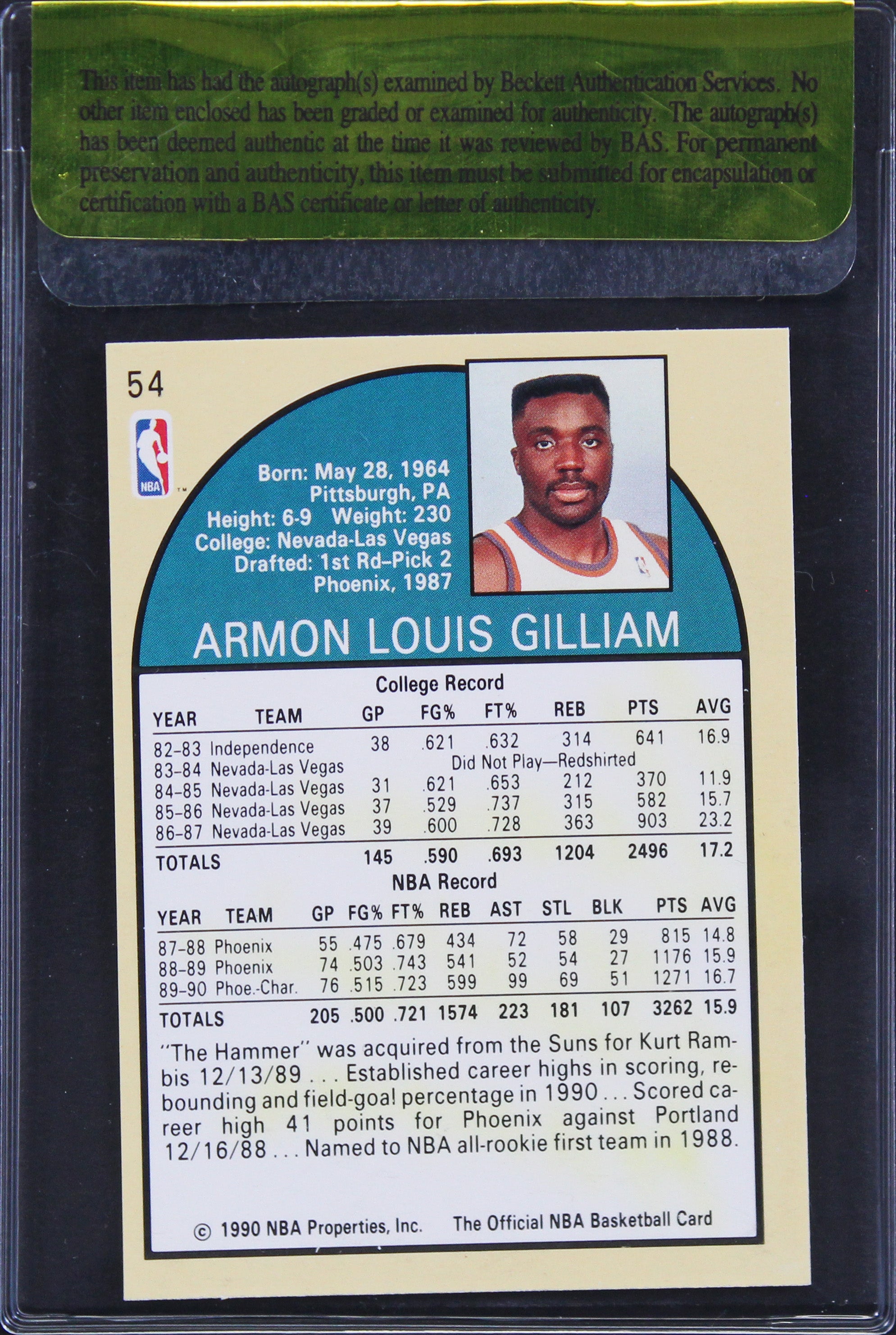 Hornets Armon Gilliam Authentic Signed 1990 NBA Hoops #54 Card BAS #11300