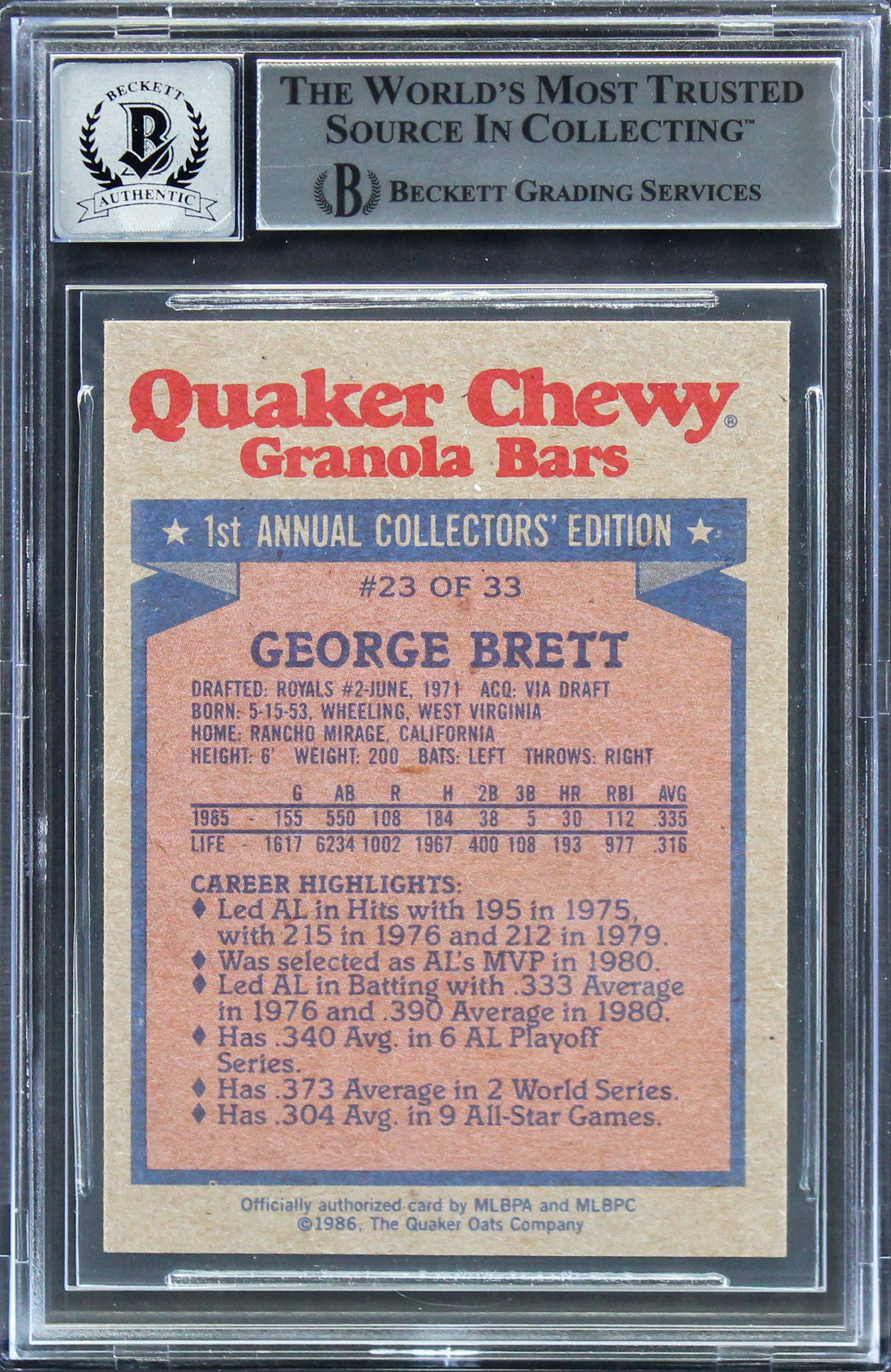 Royals George Brett Signed 1986 Quaker Granola #23 Card Auto 10! BAS Slabbed