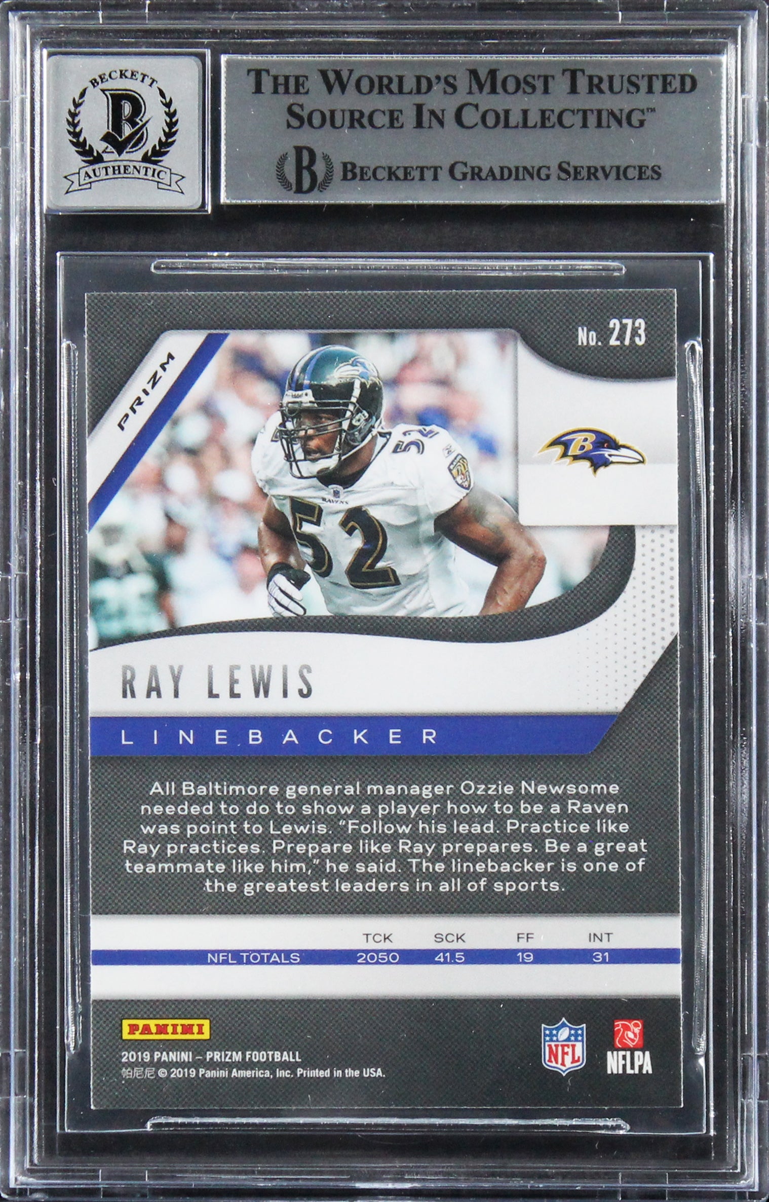 Ravens Ray Lewis Signed 2019 Panini Prizms RW&B #273 Card Auto 10! BAS Slabbed