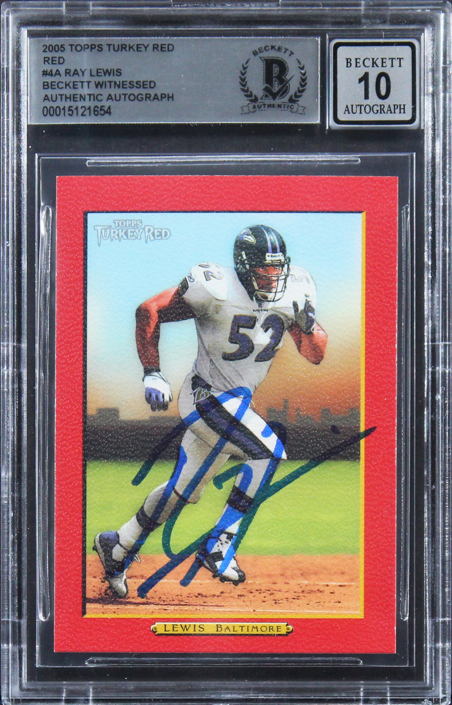 Ravens Ray Lewis Signed 2005 Topps Turkey Red Red #4A Card Auto 10! BAS Slabbed