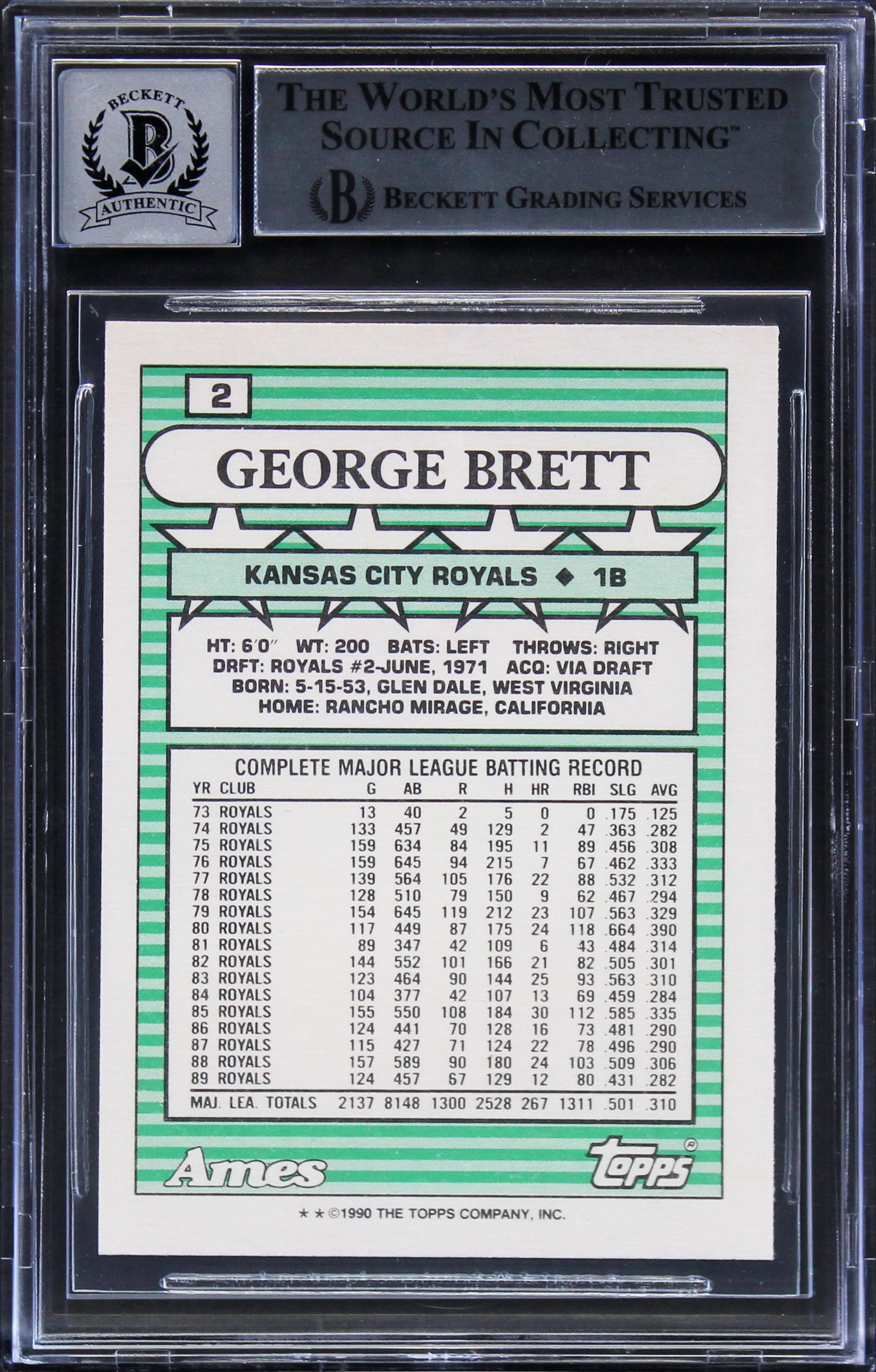 Royals George Brett Signed 1990 Topps AMES All-Stars #2 Card Auto 10 BAS Slabbed