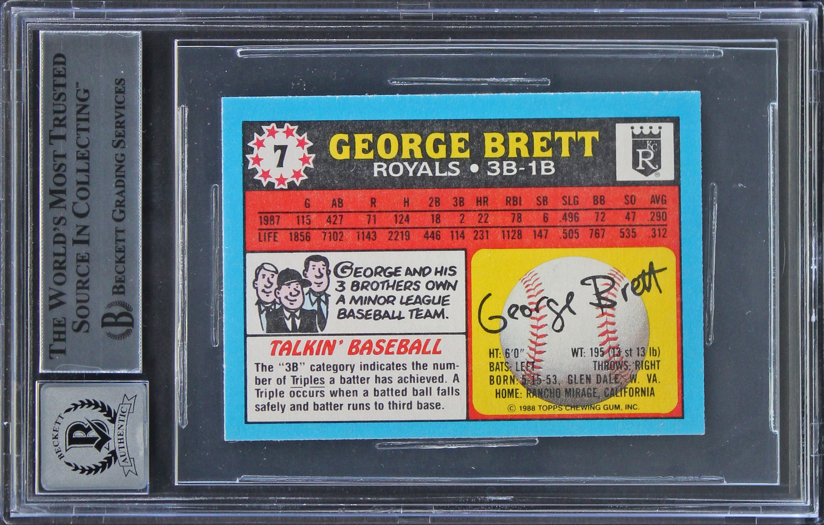 Royals George Brett Signed 1988 Topps UK Minis #7 Card Auto 10! BAS Slabbed