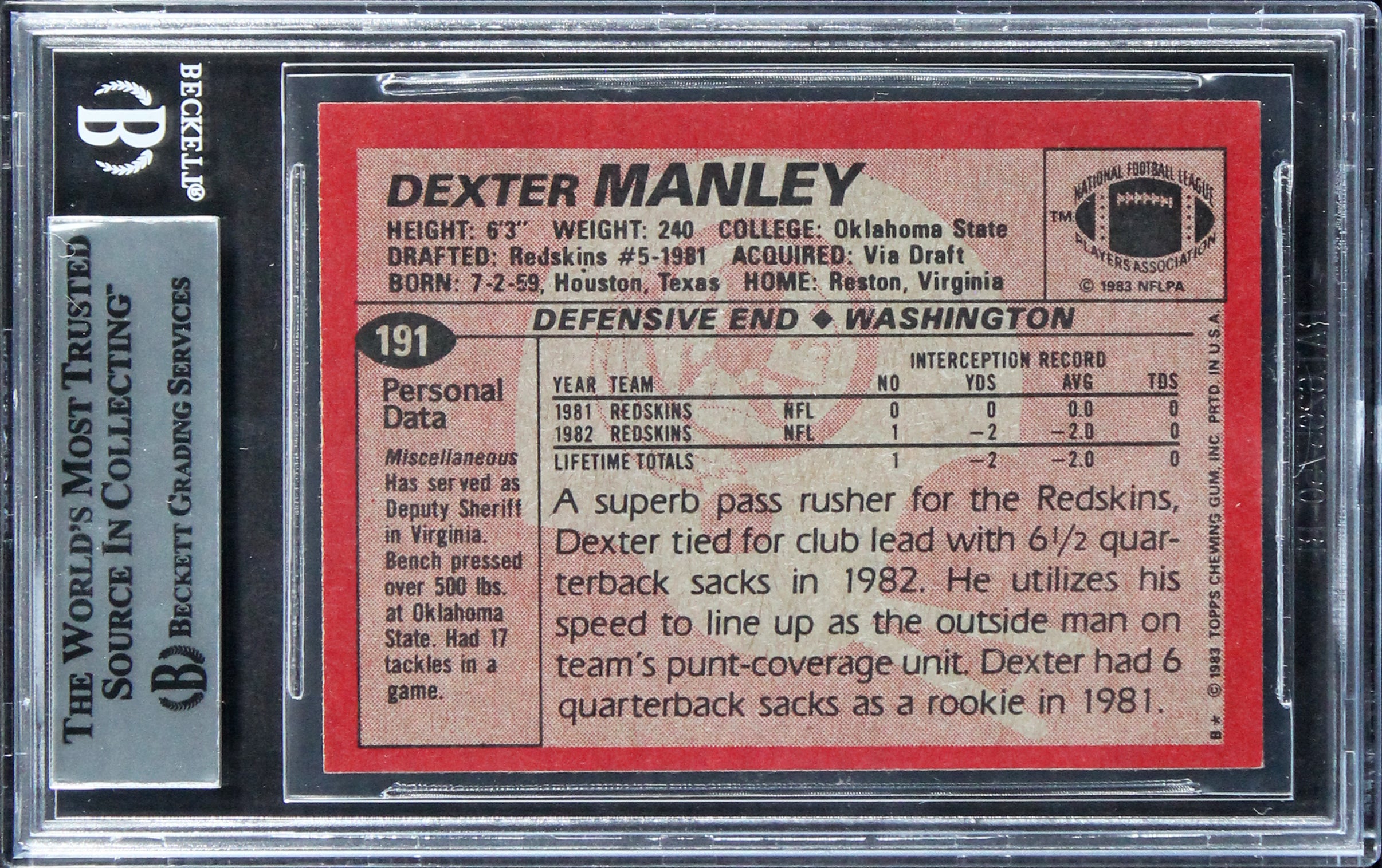 WFT Dexter Manley Authentic Signed 1983 Topps #191 Rookie Card BAS Slabbed