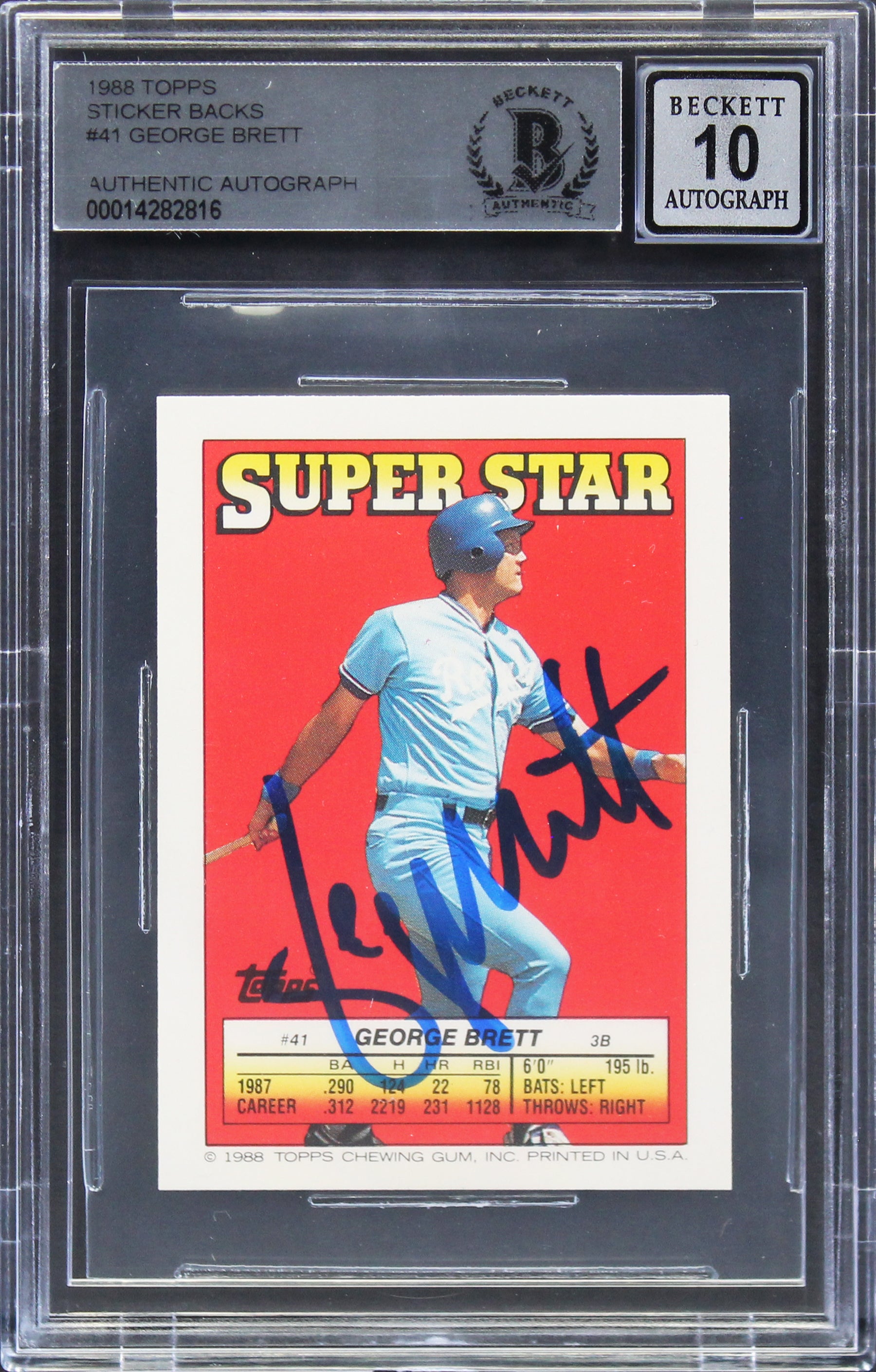 Royals George Brett Signed 1988 Topps Sticker Backs #41 Card Auto 10 BAS Slabbed
