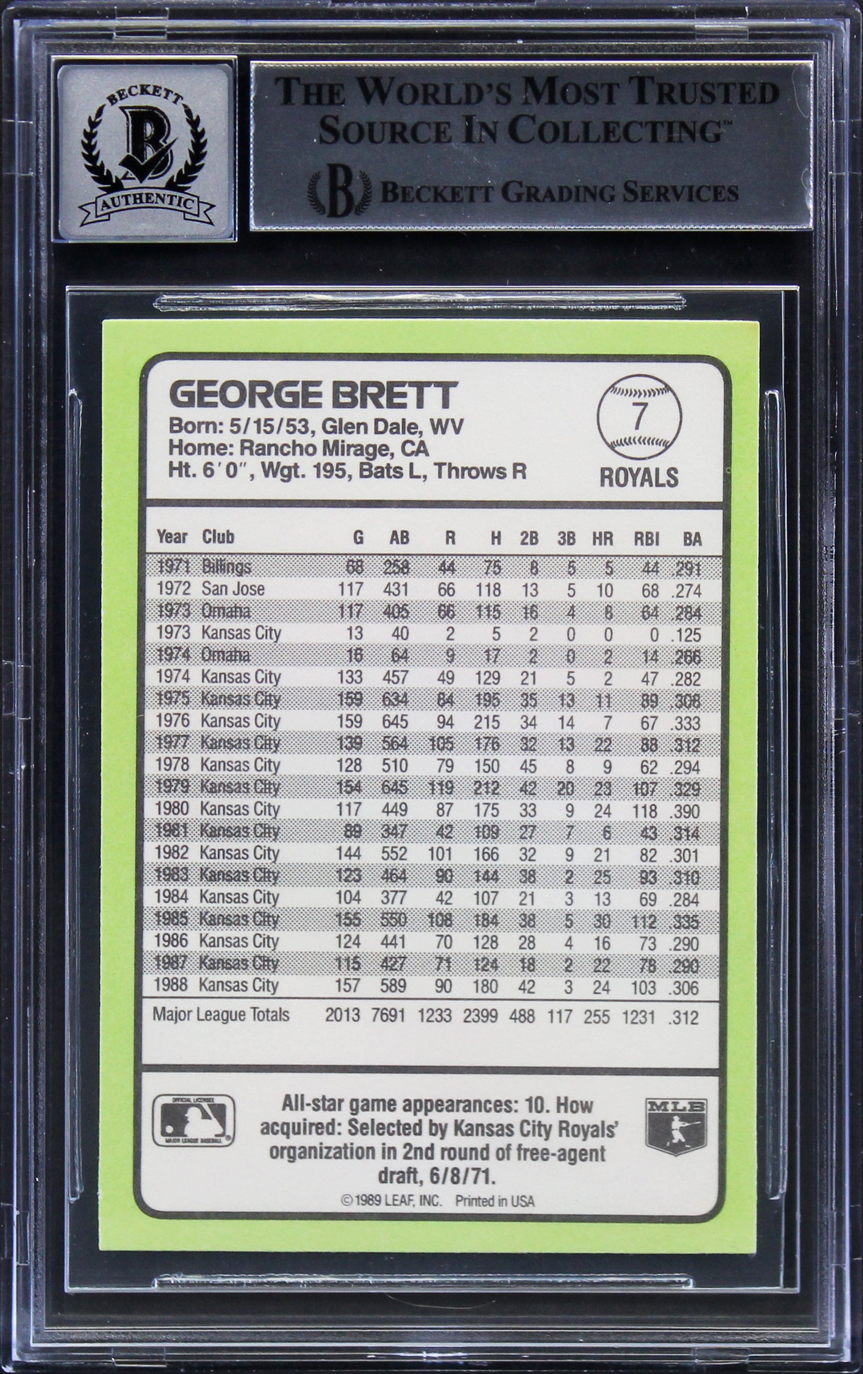 Royals George Brett Signed 1989 Donruss Baseball's Best #7 Card Auto 10 BAS Slab