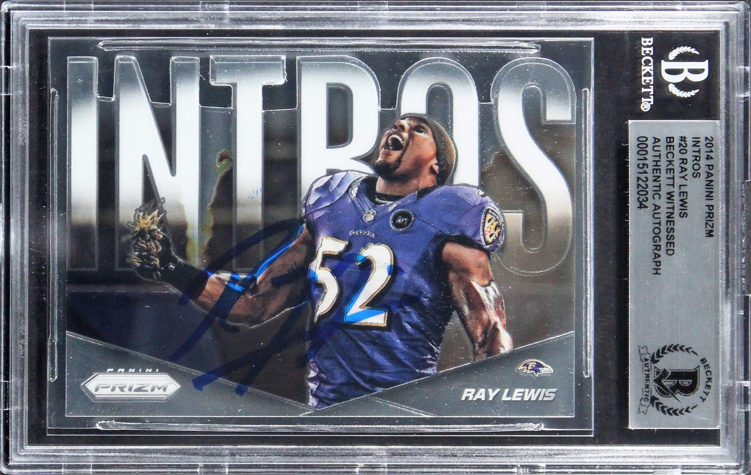 Ravens Ray Lewis Authentic Signed 2014 Panini Prizm Intros #20 Card BAS Slabbed