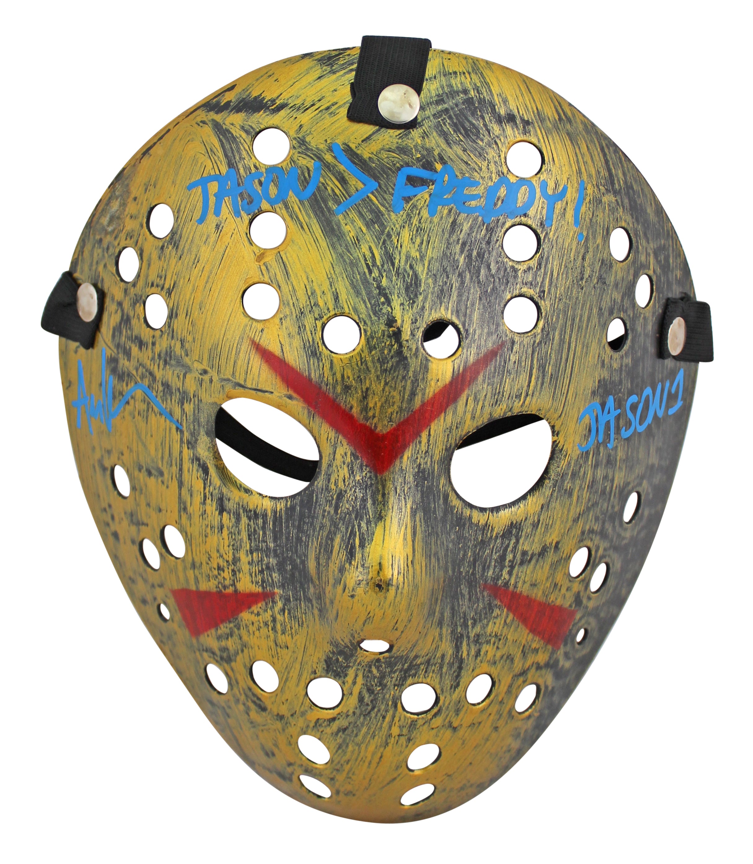 Ari Lehman "Jason >  Freddy" Signed Gold Jason Mask w/ Blue Sig BAS Witnessed