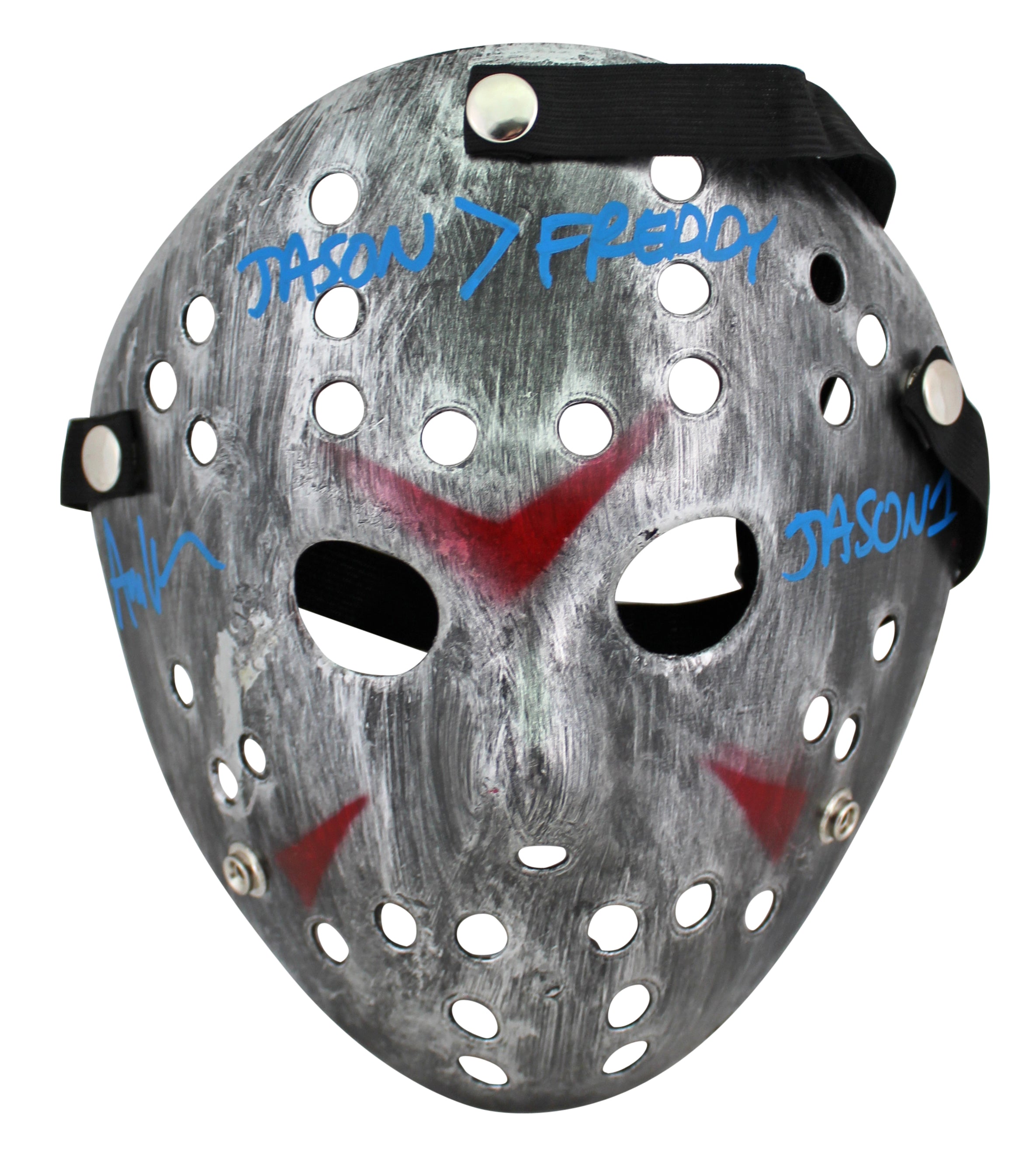 Ari Lehman "Jason >  Freddy" Signed Silver Jason Mask w/ Blue Sig BAS Witnessed